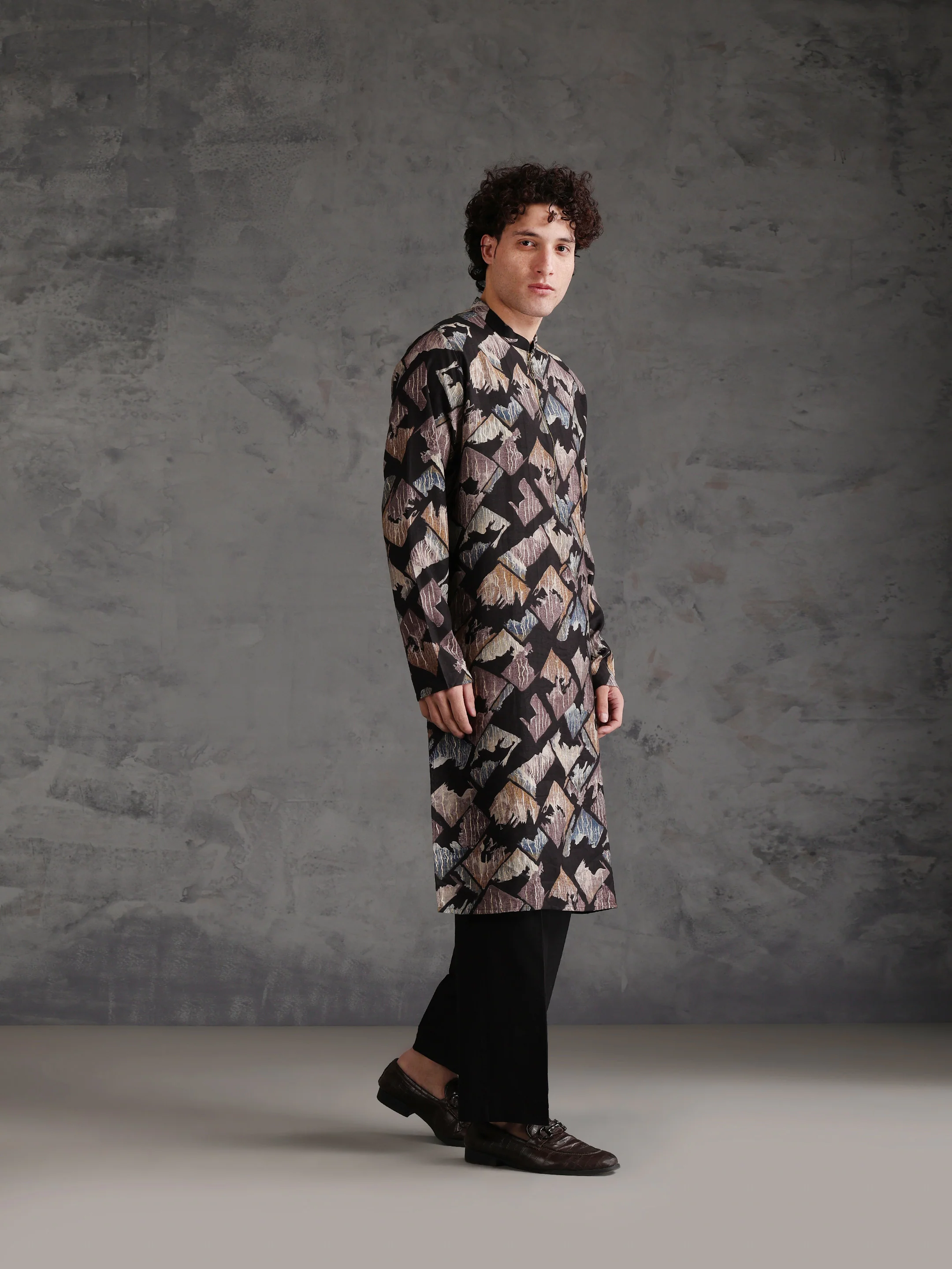 Black Blended Printed Kurta Wide Leg Trouser Set - Image 2