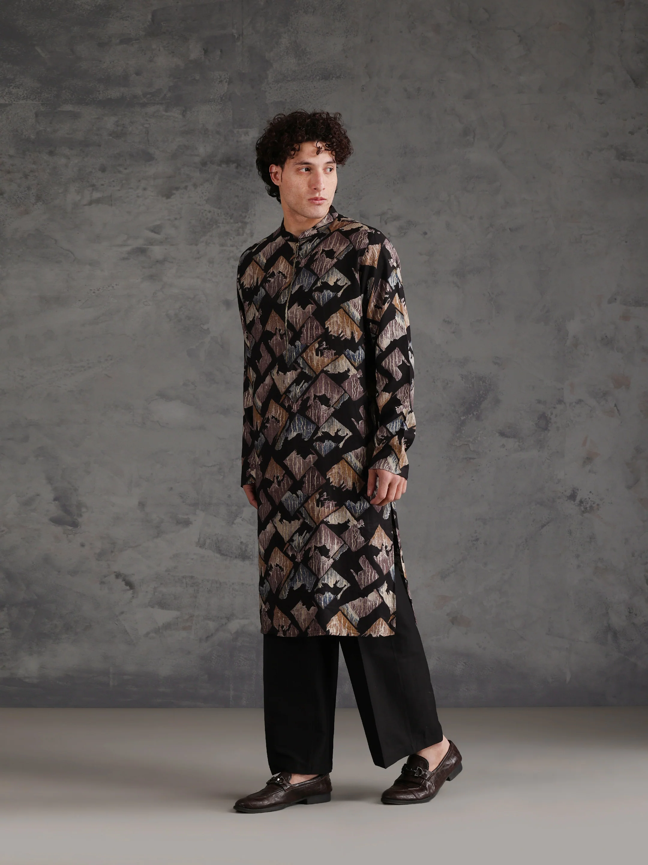 Black Blended Printed Kurta Wide Leg Trouser Set - Image 3