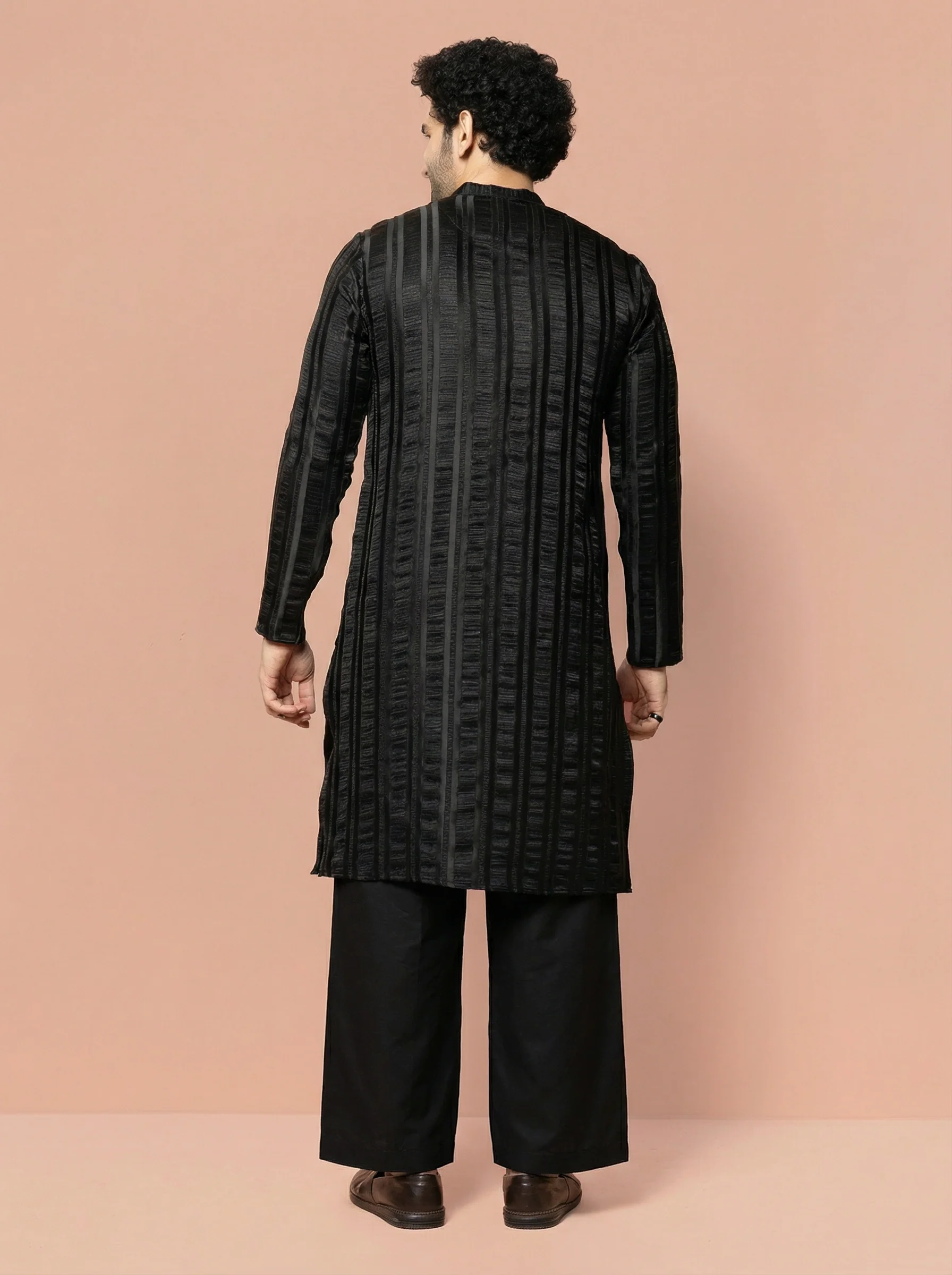 Black Blended Self Design Front Open Kurta Wide Leg Trouser Set - Image 3