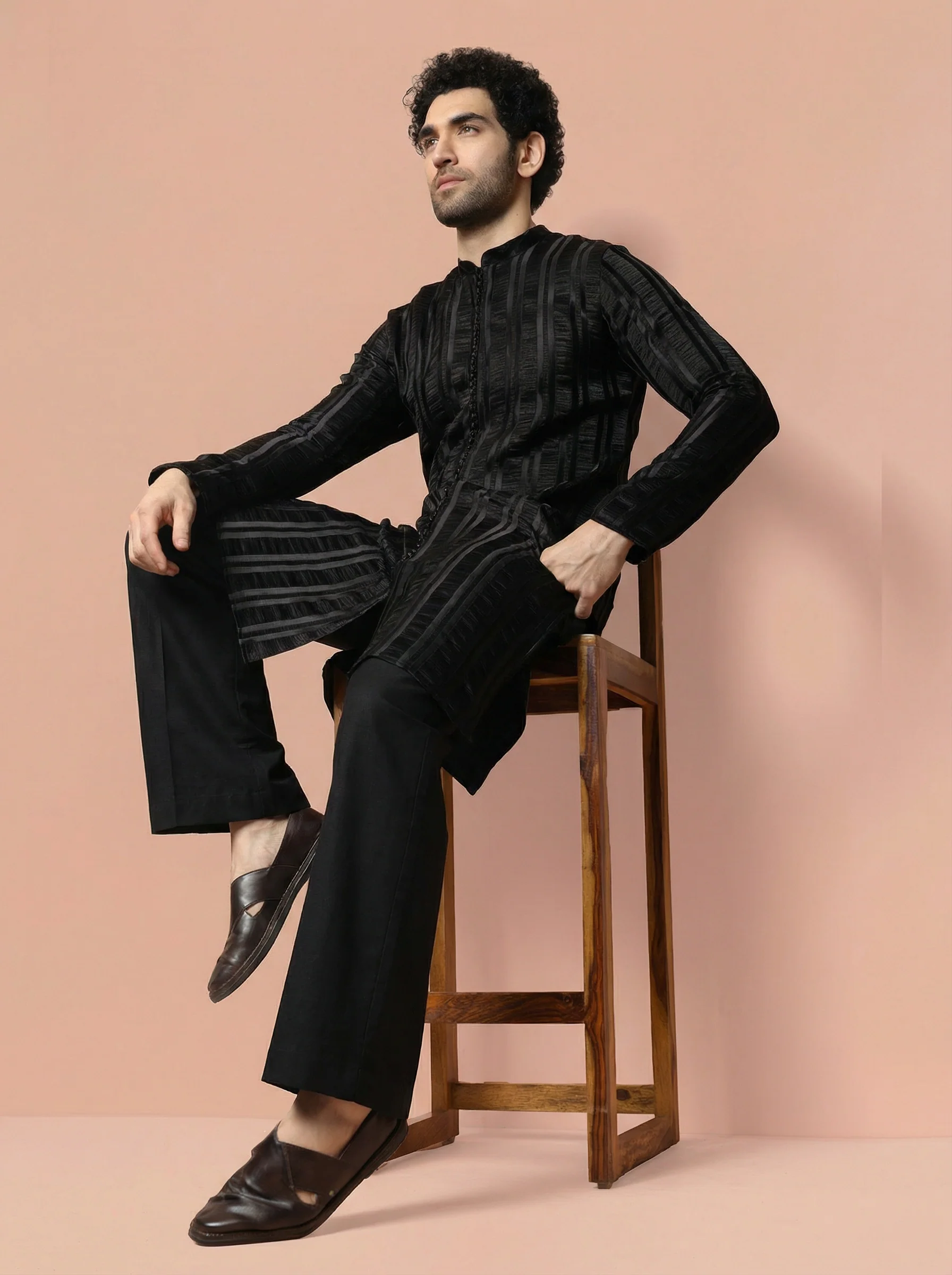 Black Blended Self Design Front Open Kurta Wide Leg Trouser Set - Image 6