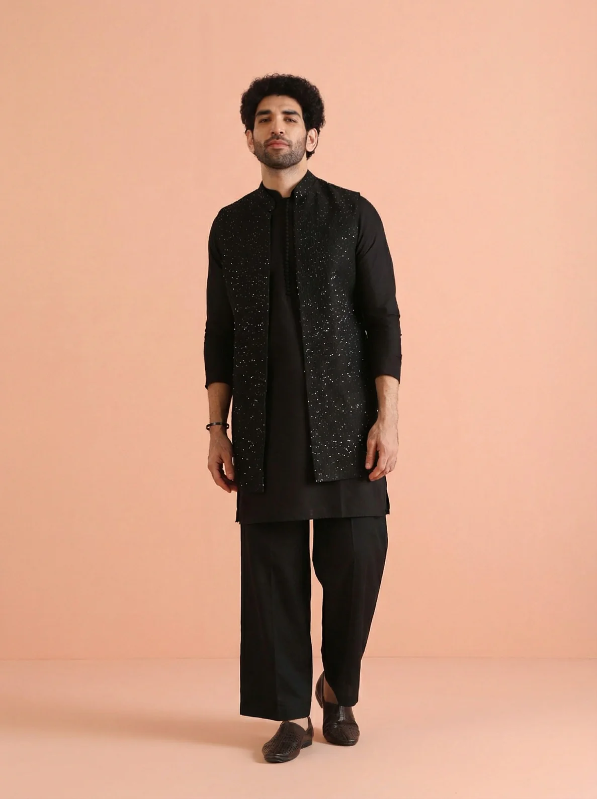 Black Blended Sequin Embellished Mid Kurta Front Open Jacket Wide Leg Trouser Set
