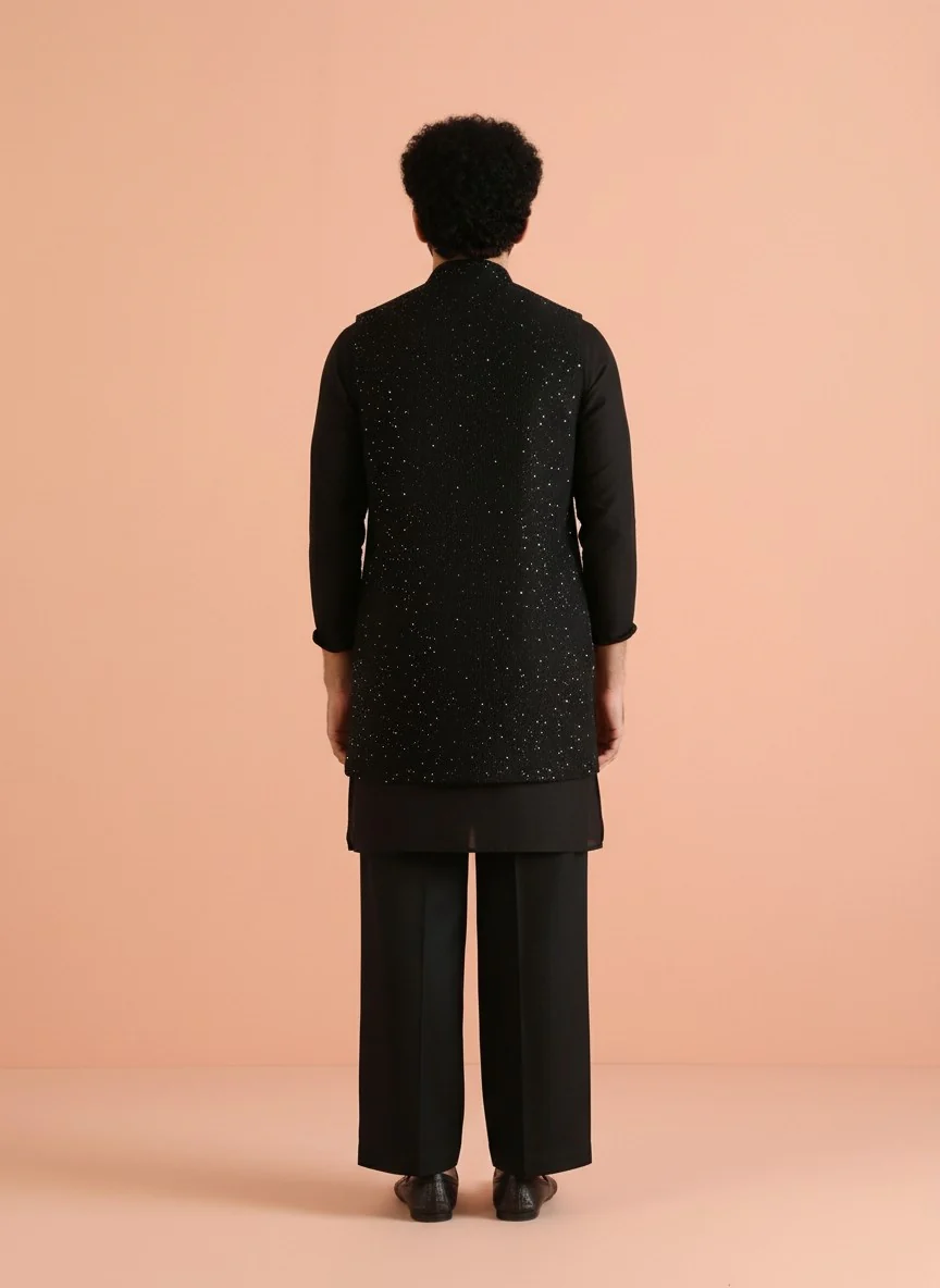 Black Blended Sequin Embellished Mid Kurta Front Open Jacket Wide Leg Trouser Set - Image 3