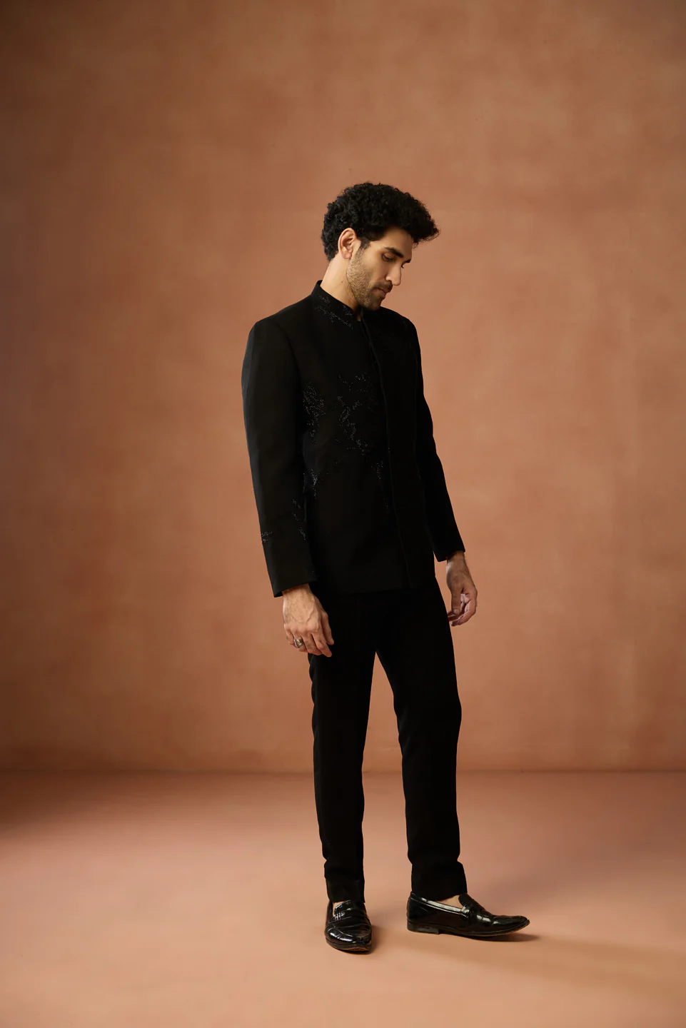 Black Velvet Sequin Bandhgala Jodhpuri Trouser Set - Image 2