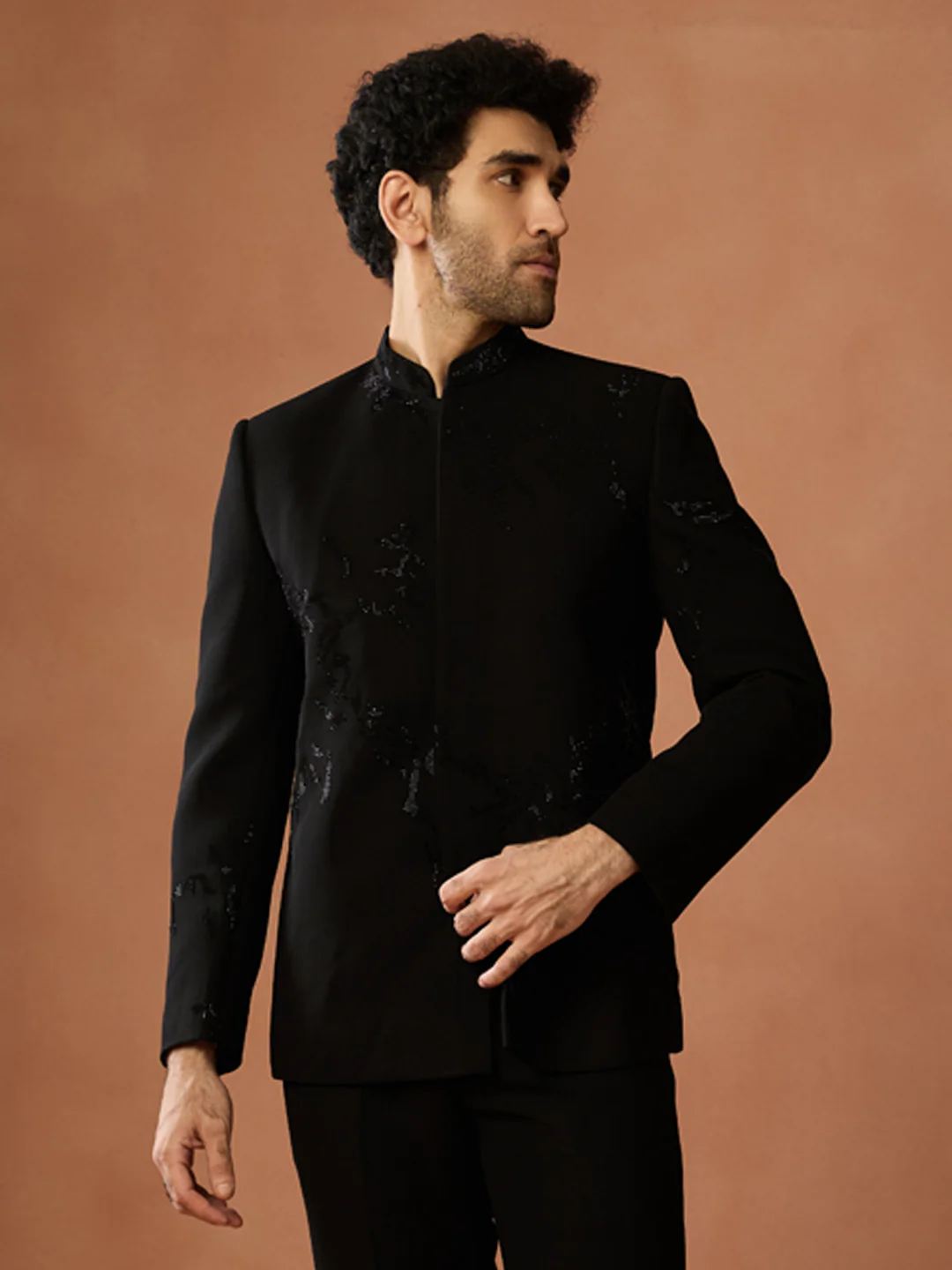 Black Velvet Sequin Bandhgala Jodhpuri Trouser Set - Image 8