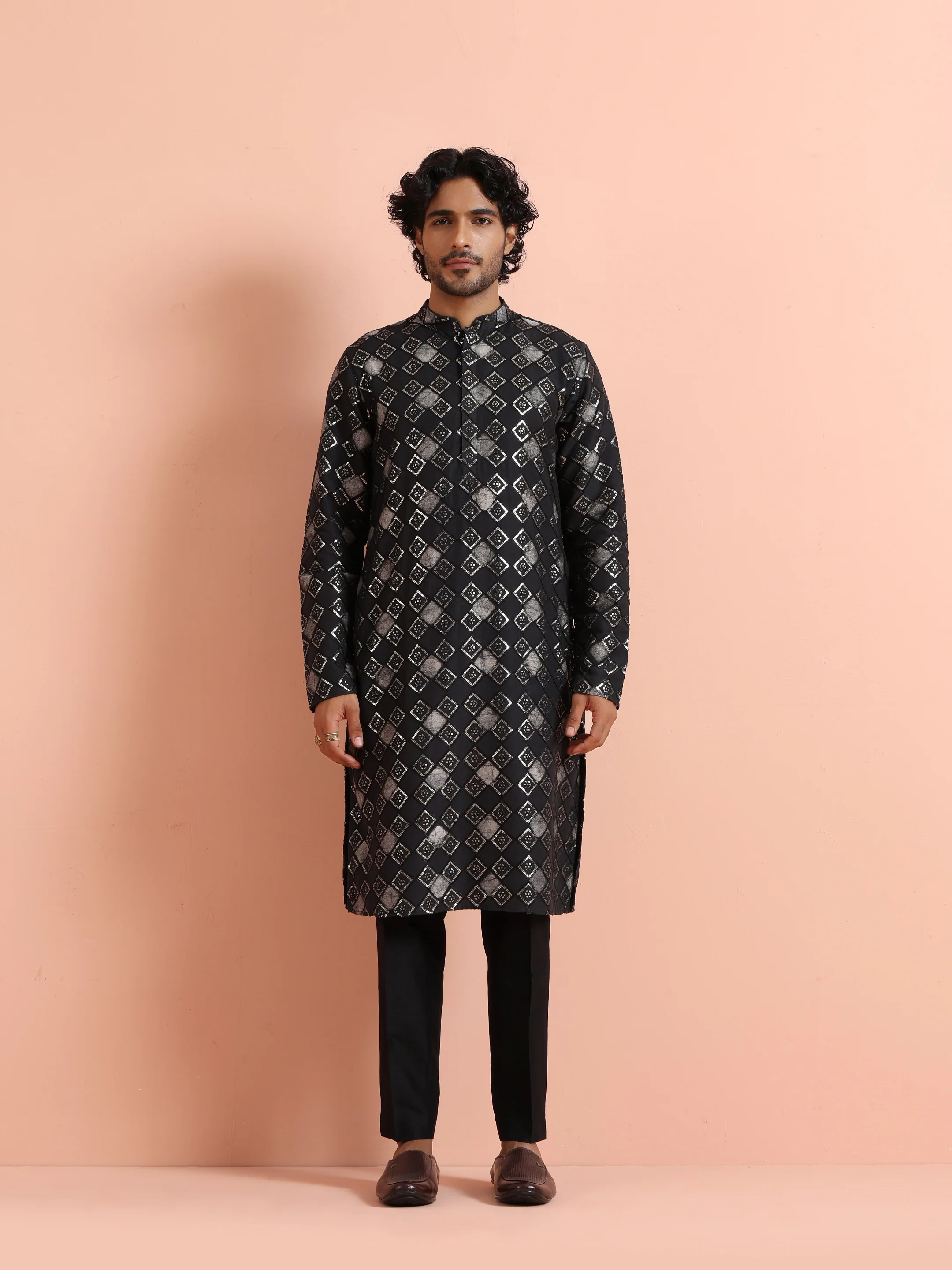 Black Chanderi Cotton Printed Kurta Trouser Set - Image 8