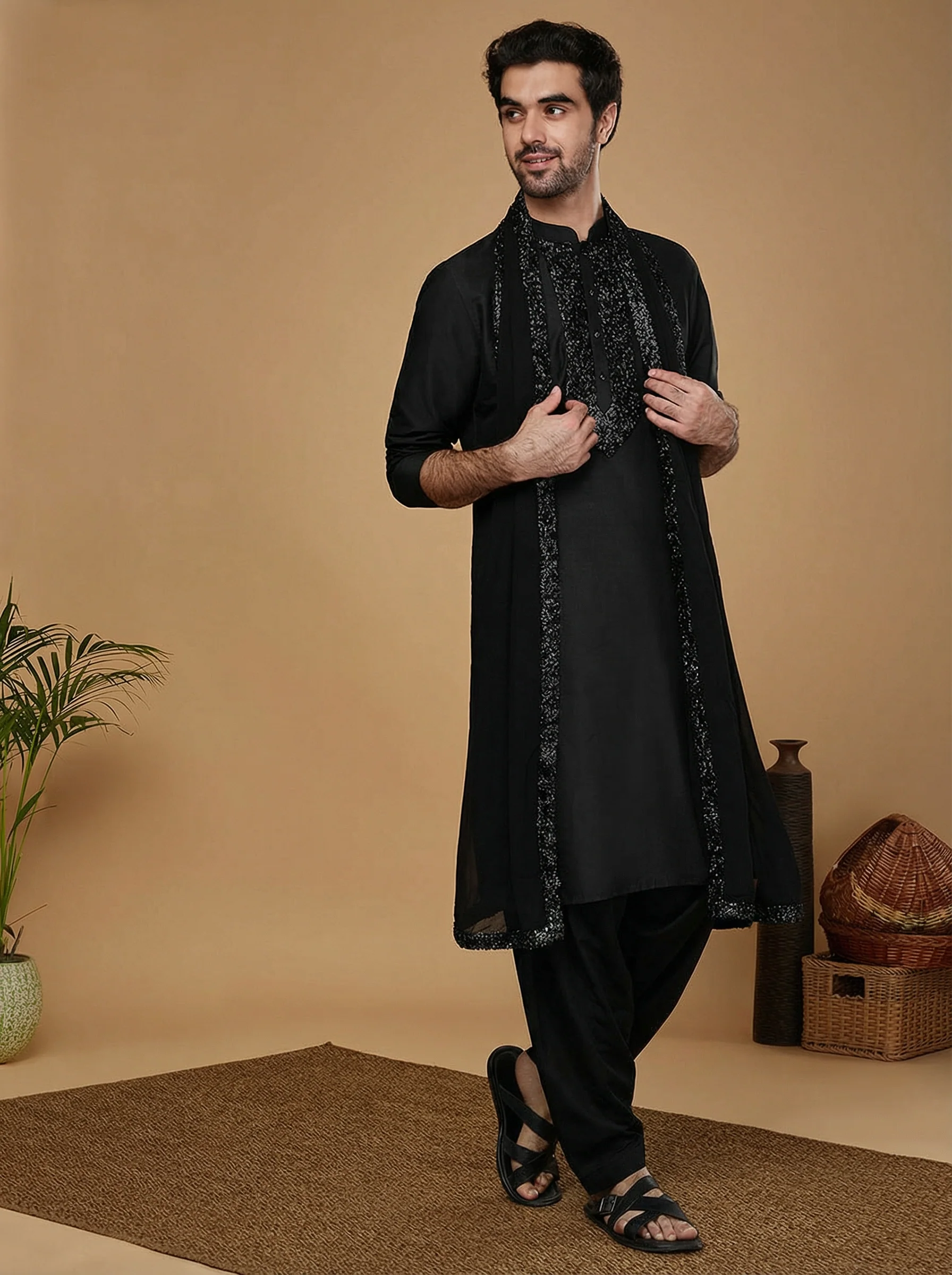 Black Cotton Blend Embellished Kurta Patiyala Set With Dupatta - Image 2