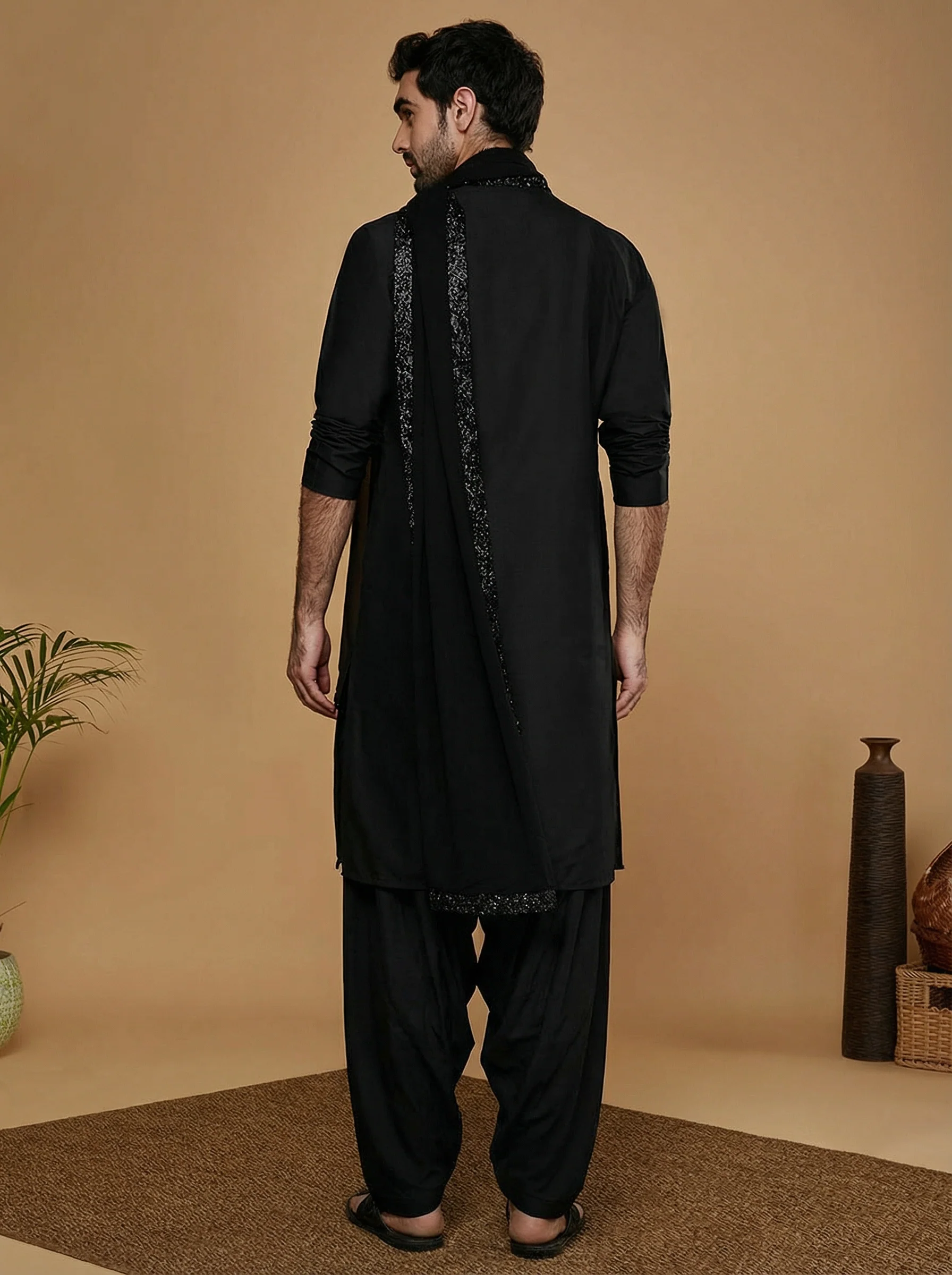 Black Cotton Blend Embellished Kurta Patiyala Set With Dupatta - Image 3