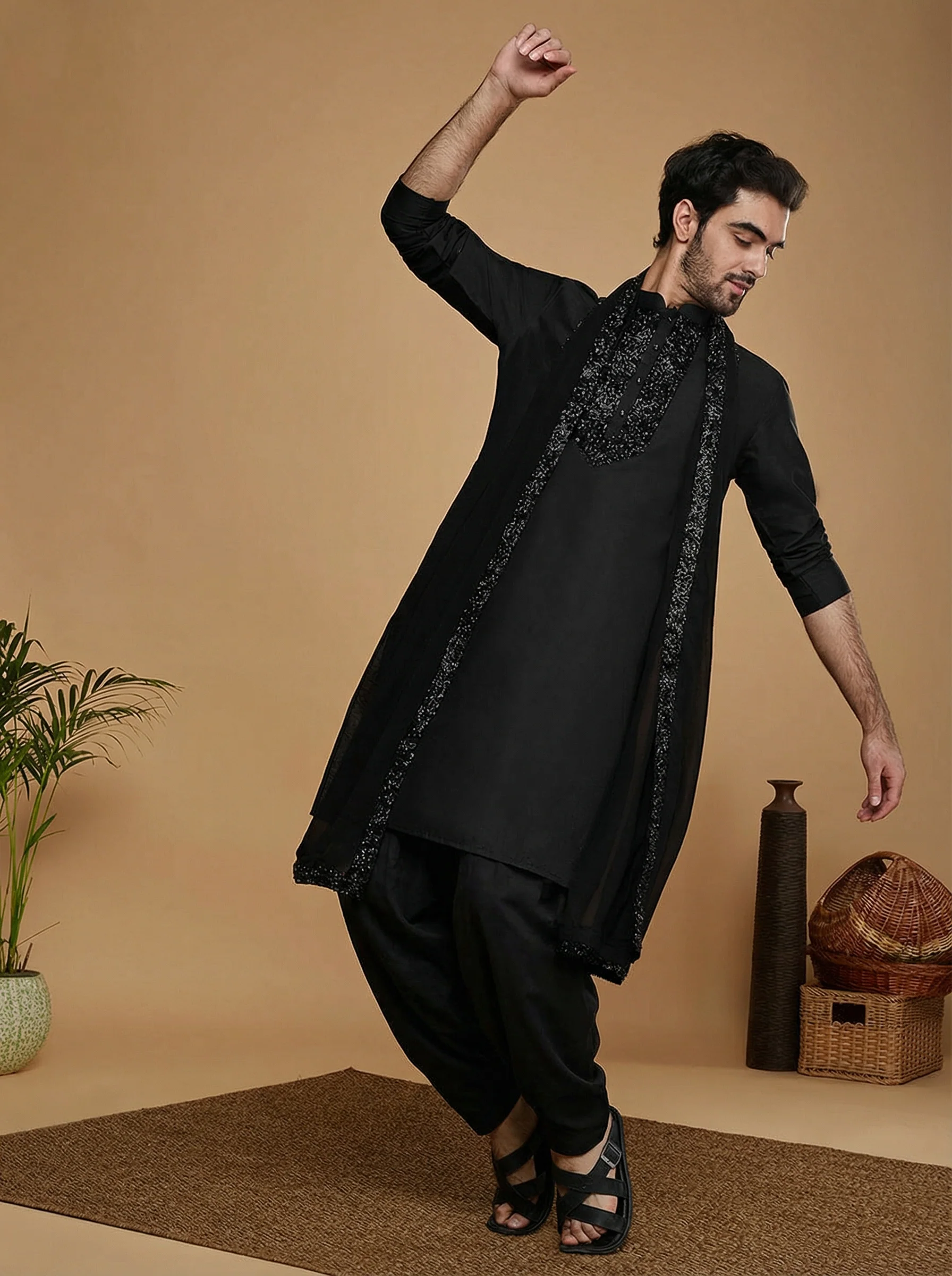 Black Cotton Blend Embellished Kurta Patiyala Set With Dupatta - Image 7