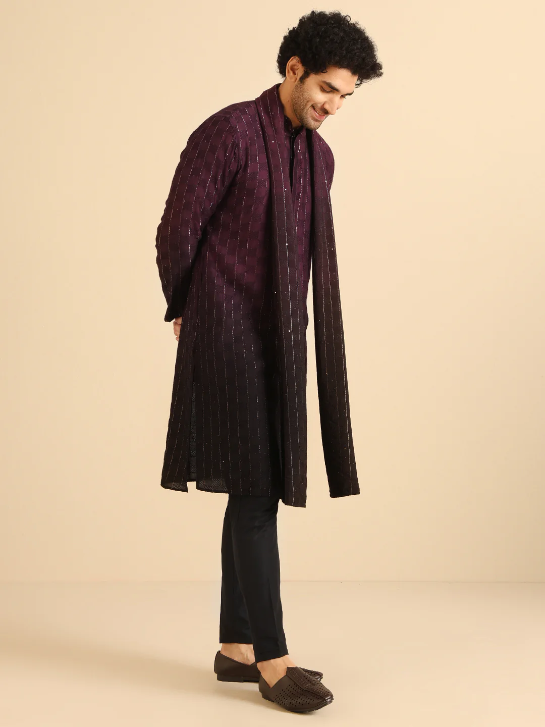 Black Cotton Blend Embellished Kurta Trouser Set With Dupatta - Image 3