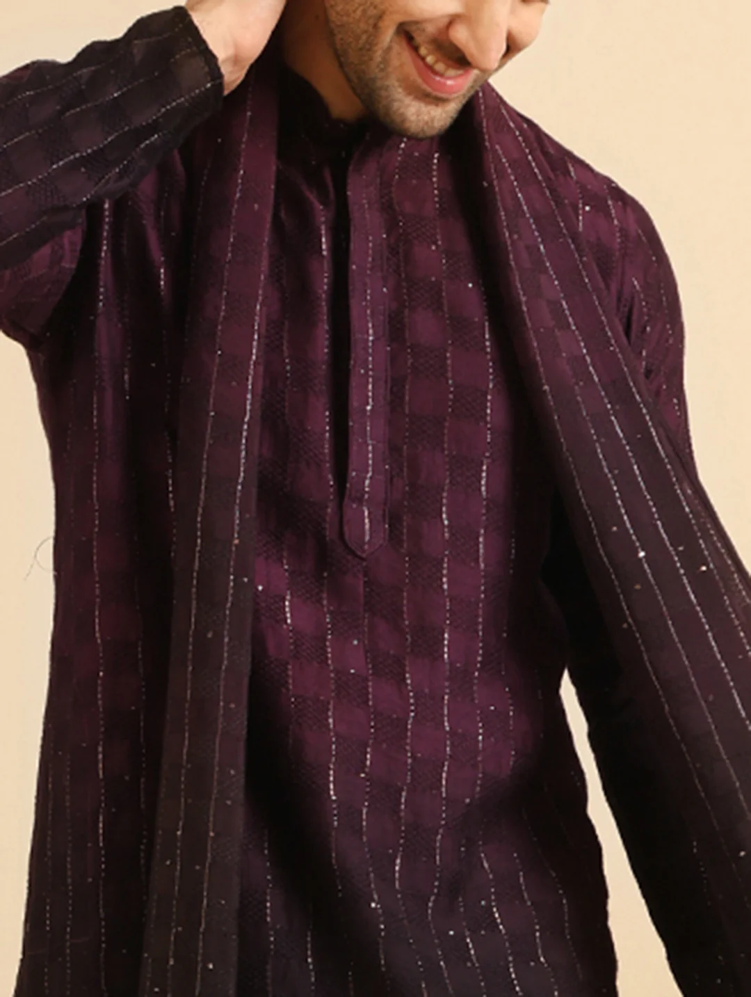 Black Cotton Blend Embellished Kurta Trouser Set With Dupatta - Image 5