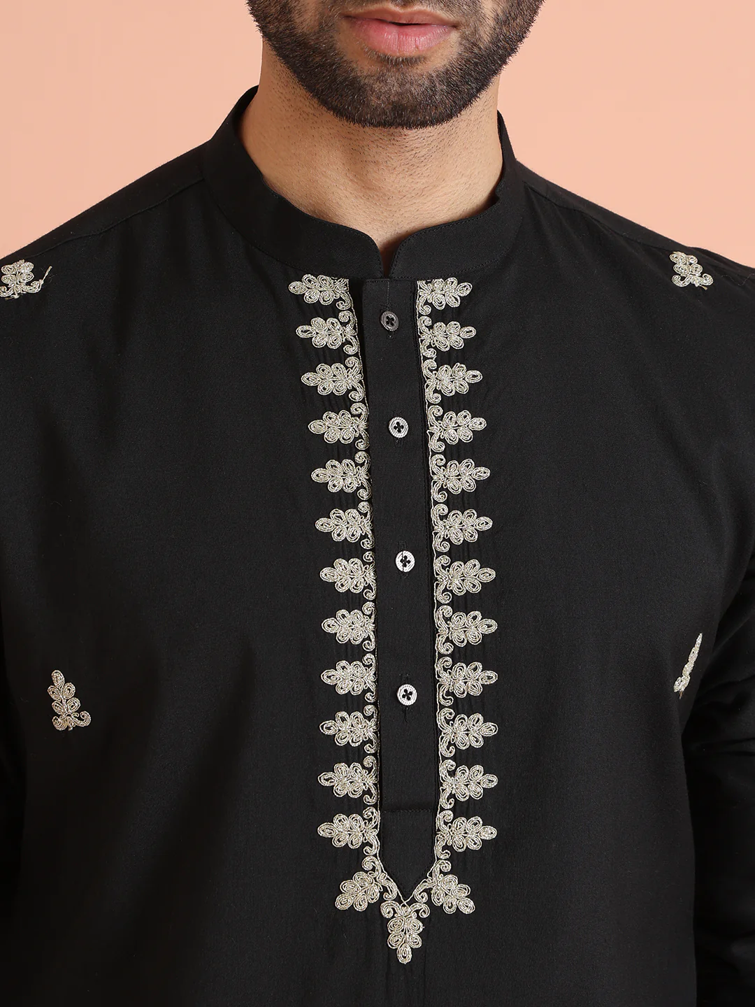 Black Cotton Blend Embroidered Kurta Dhoti Set - Image 5