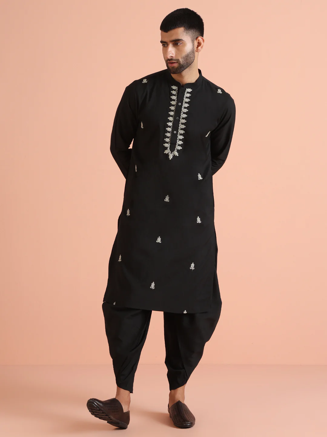 Black Cotton Blend Embroidered Kurta Dhoti Set - Image 7