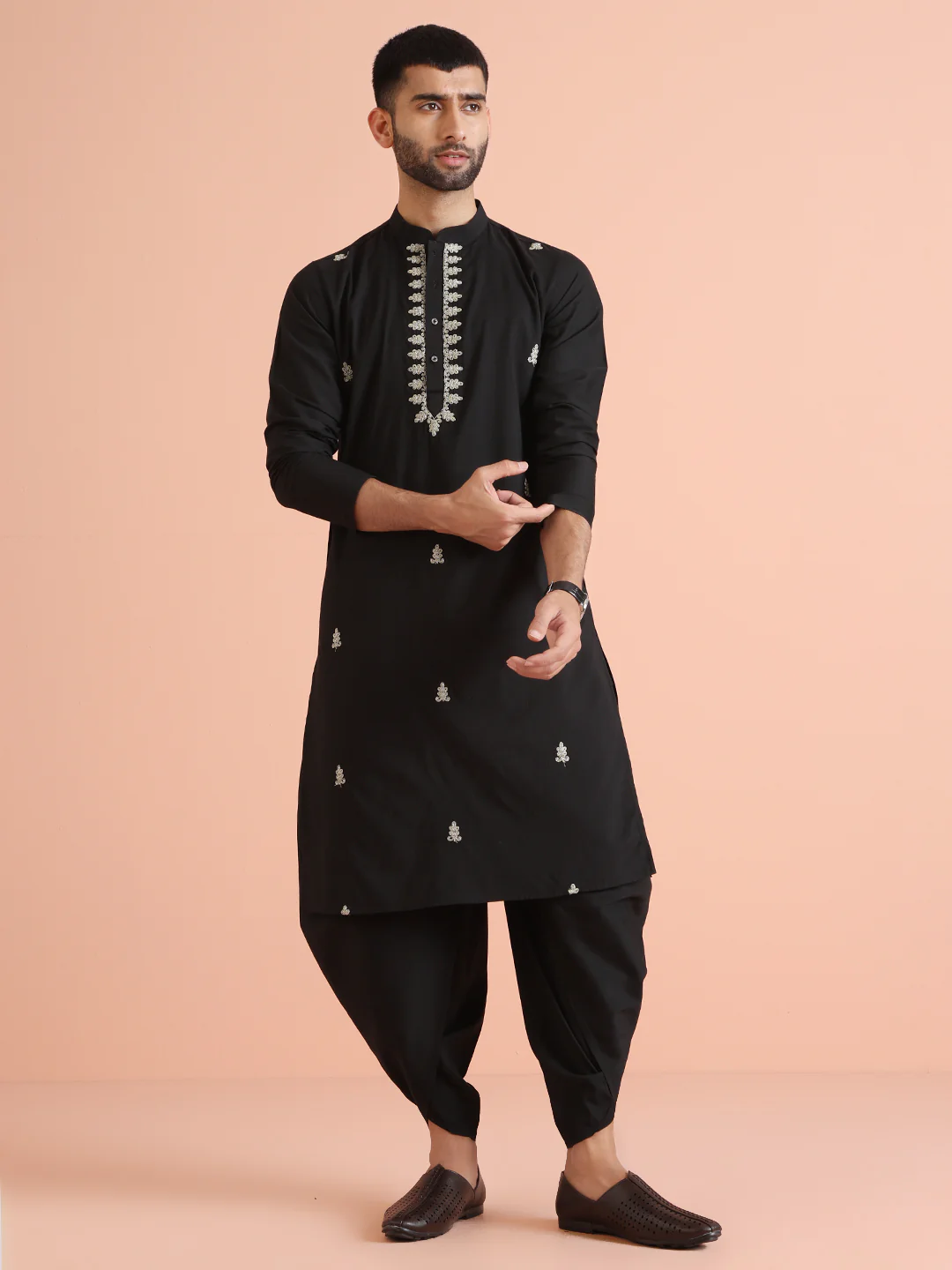Black Cotton Blend Embroidered Kurta Dhoti Set - Image 8