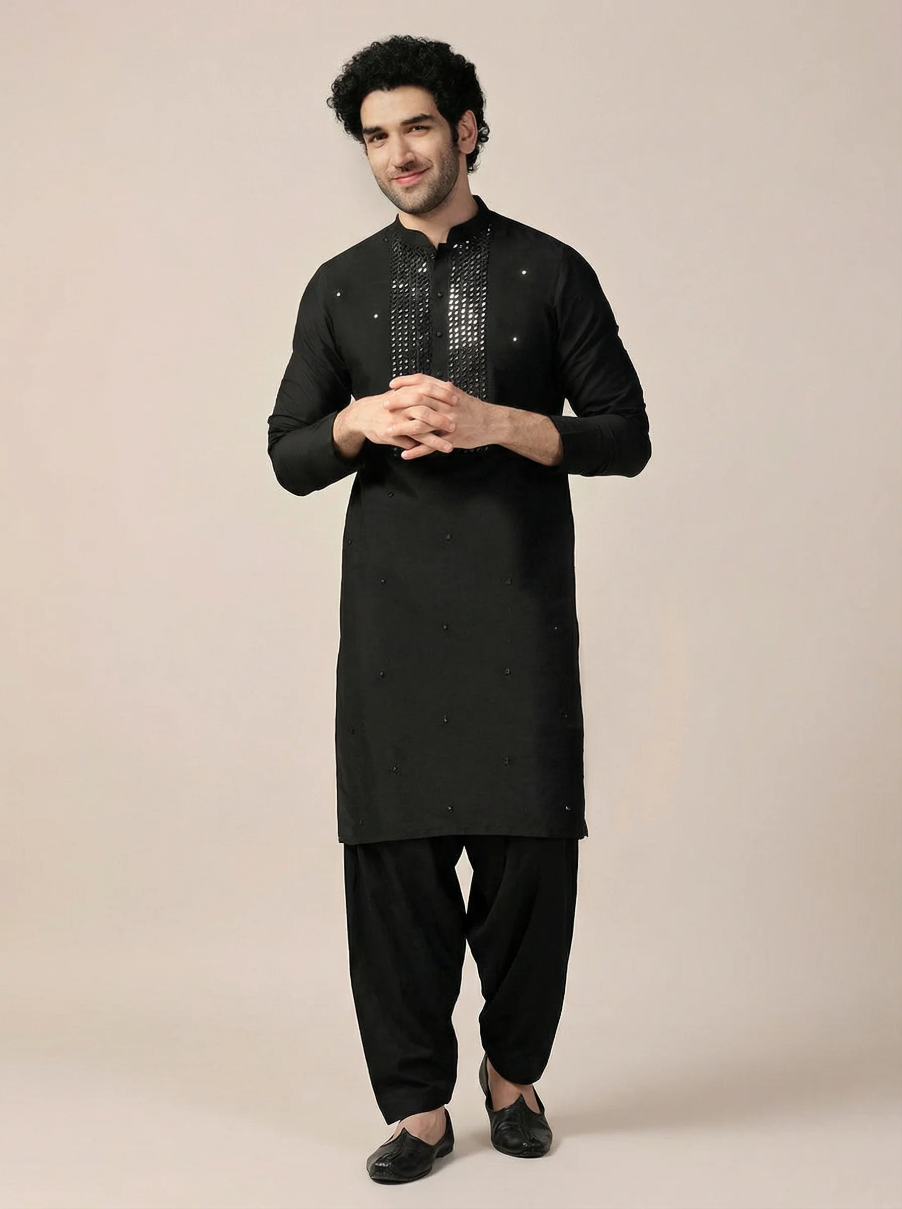 Black Cotton Blend Embroidered Kurta Patiyala Set - Image 7
