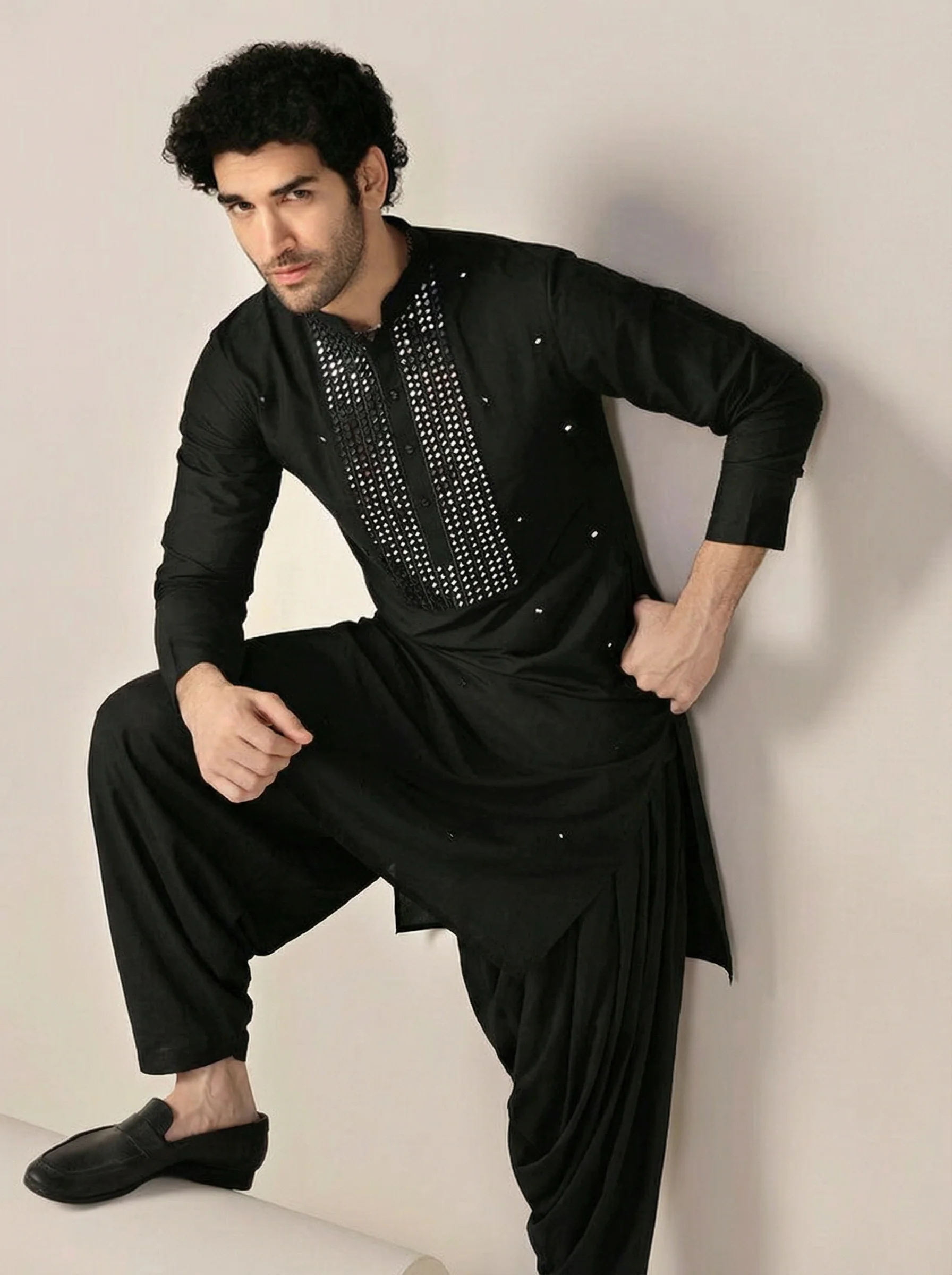 Black Cotton Blend Embroidered Kurta Patiyala Set - Image 8
