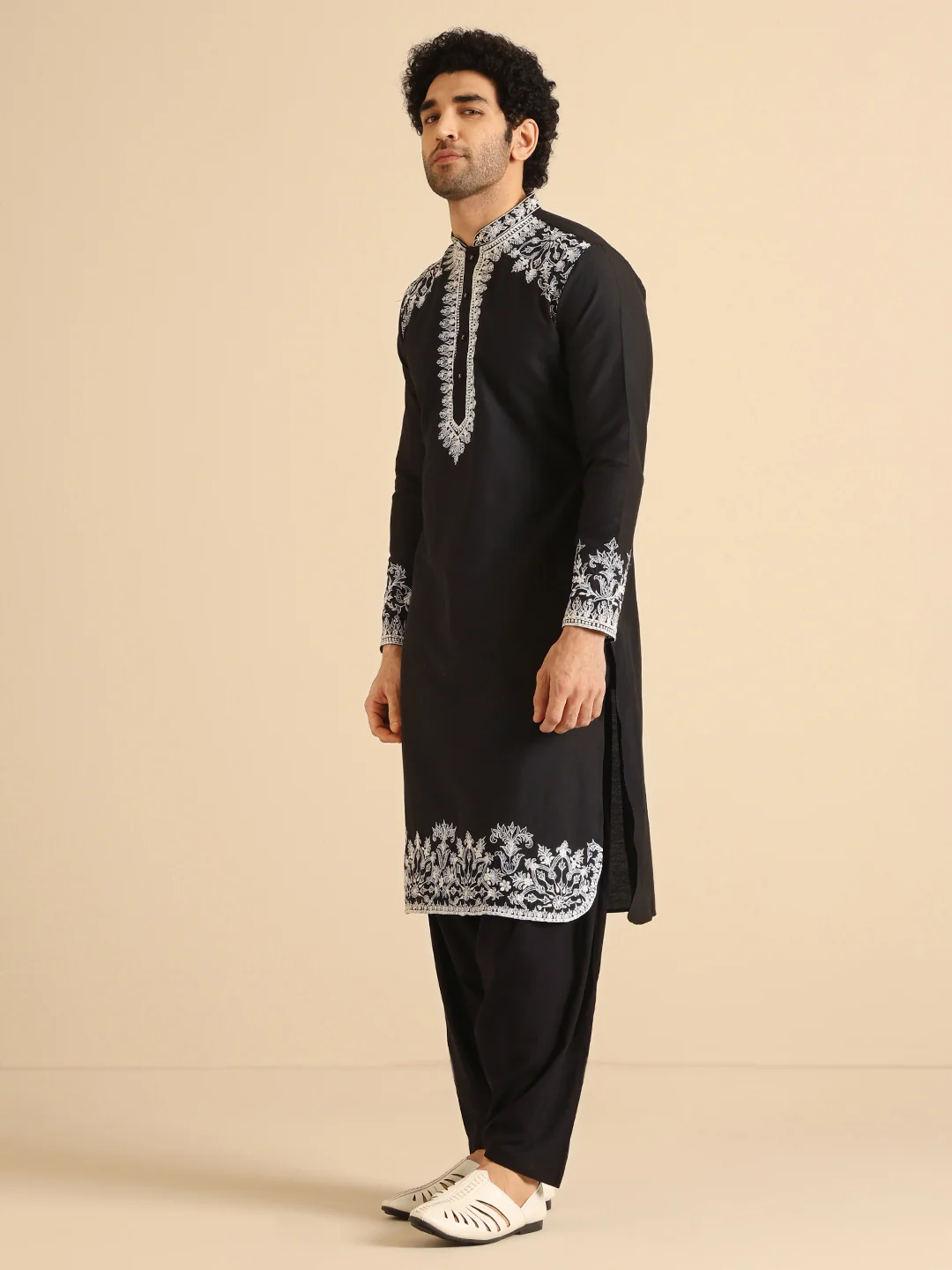 Black Cotton Blend Embroidered Kurta Patiyala Set - Image 2