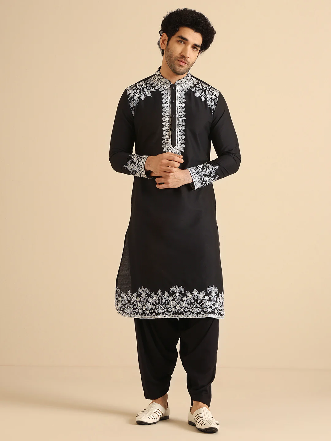 Black Cotton Blend Embroidered Kurta Patiyala Set - Image 7