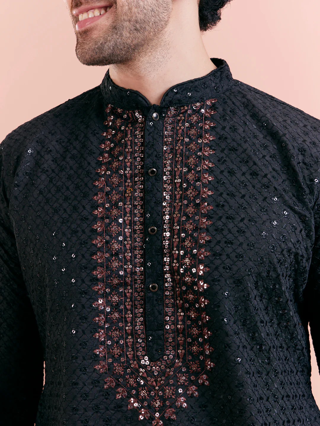 Black Cotton Blend Embroidered Kurta Trouser Set - Image 5