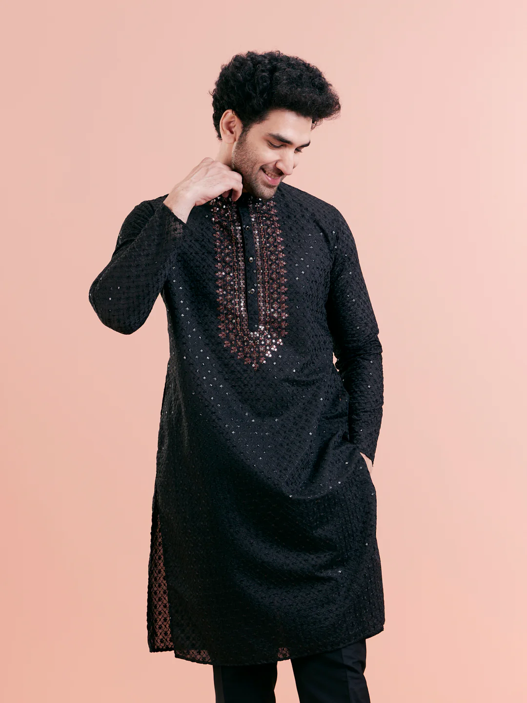 Black Cotton Blend Embroidered Kurta Trouser Set - Image 8