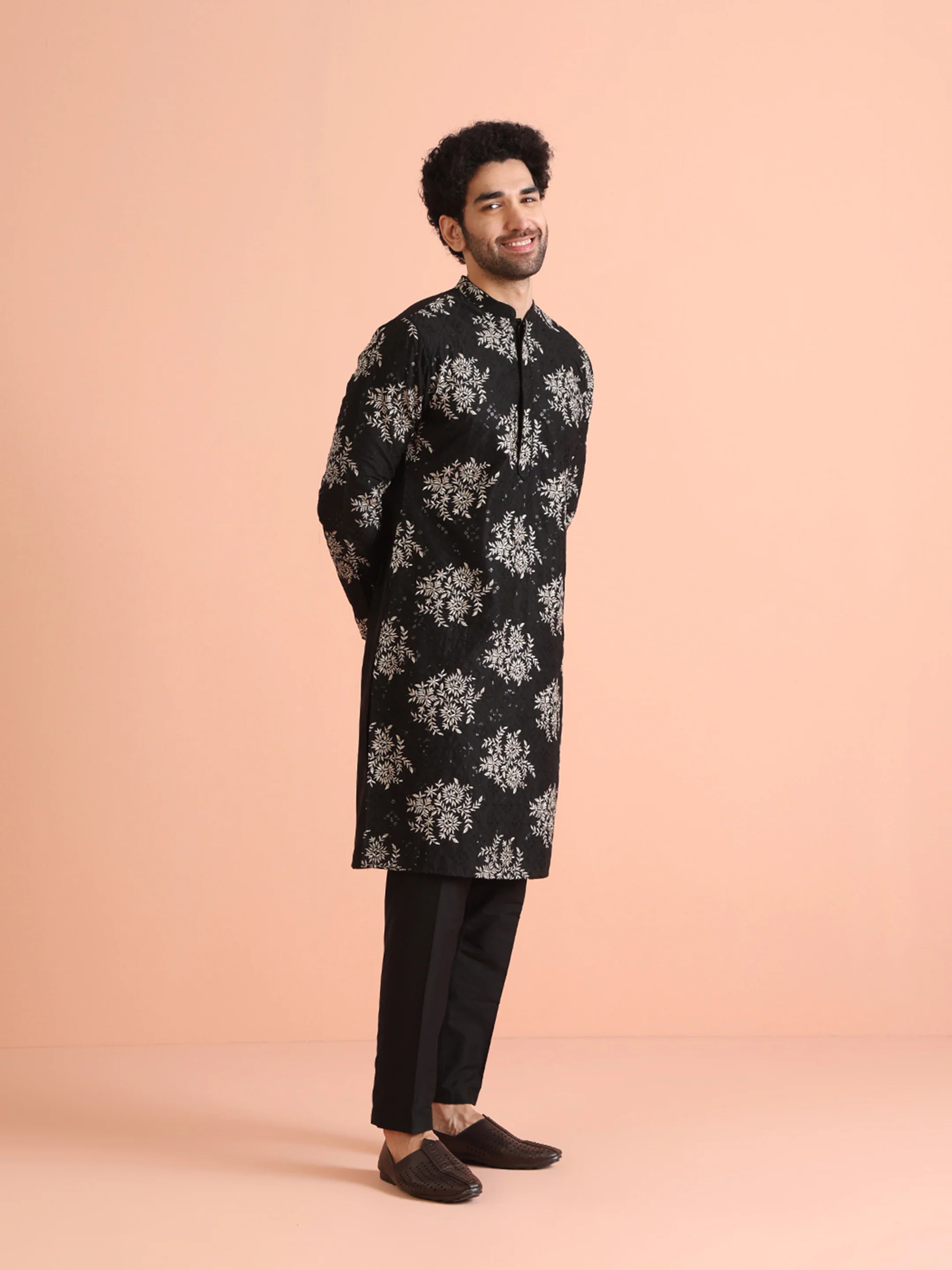 Black Cotton Blend Embroidered Kurta Trouser Set - Image 2