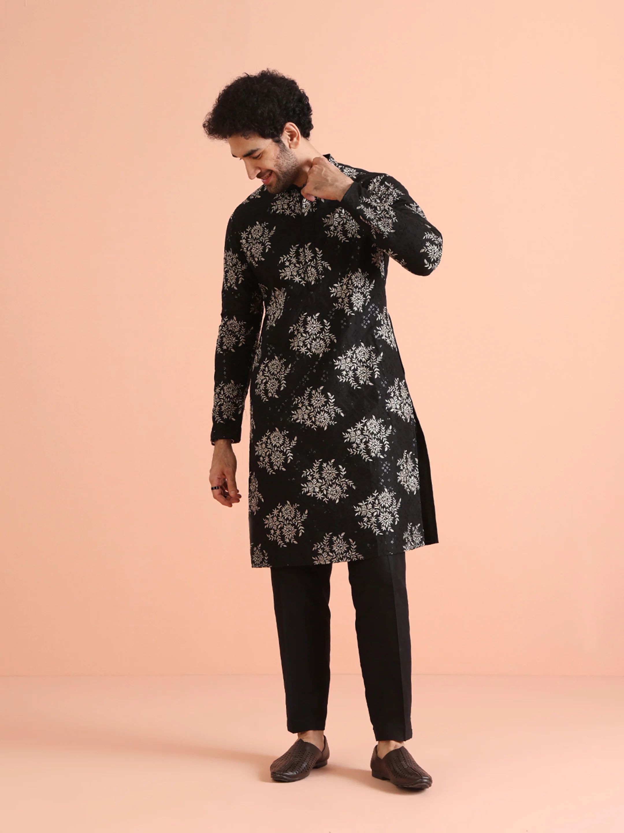 Black Cotton Blend Embroidered Kurta Trouser Set - Image 8