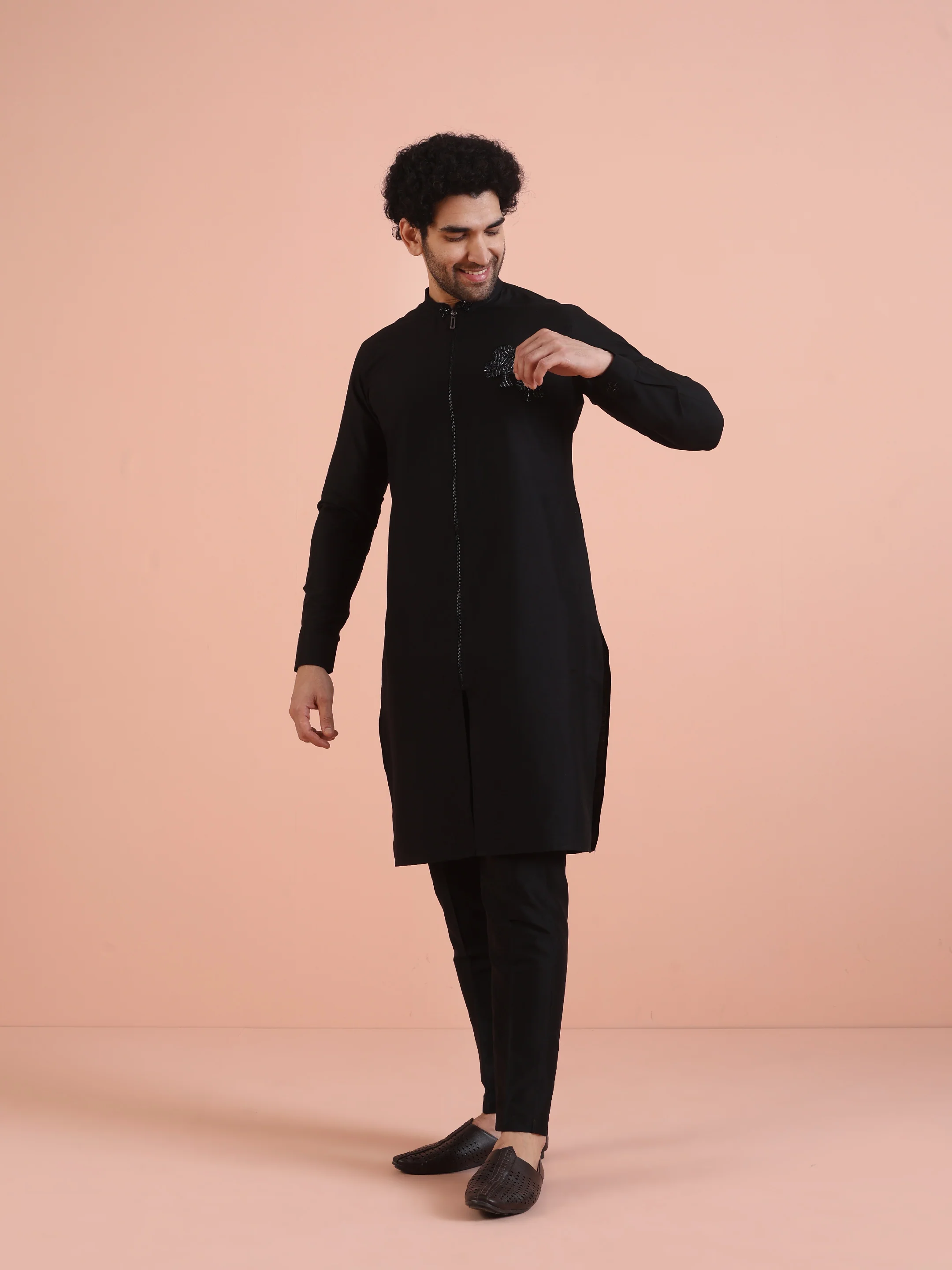 Black Cotton Blend Embroidered Kurta Trouser Set - Image 3