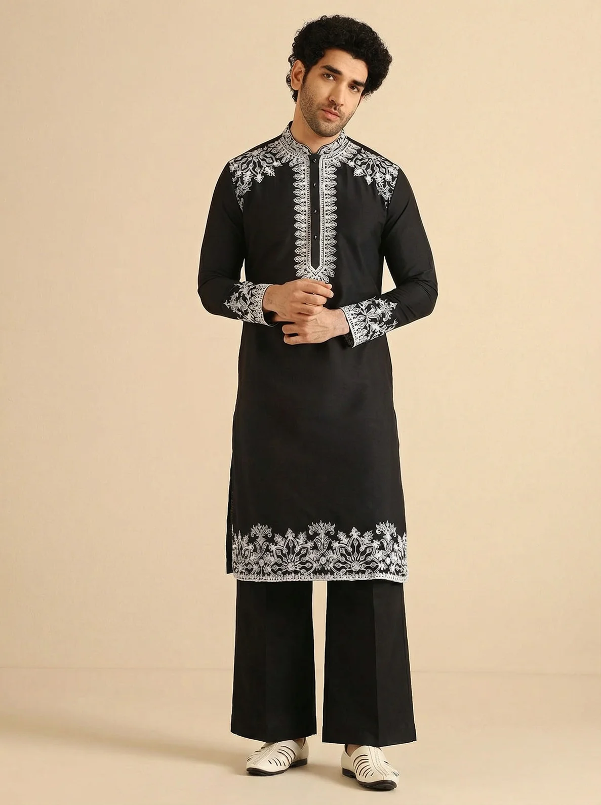 Black Cotton Blend Embroidered Kurta Wide Leg Trouser Set