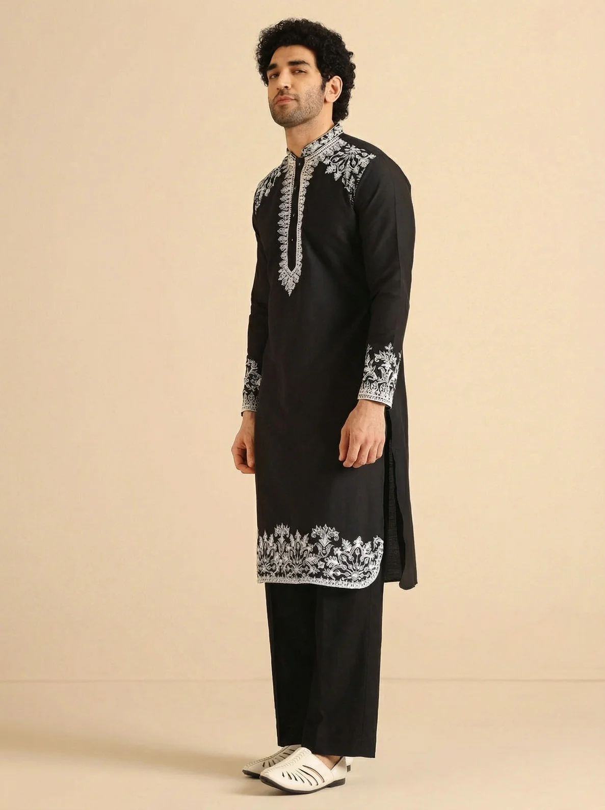 Black Cotton Blend Embroidered Kurta Wide Leg Trouser Set - Image 2