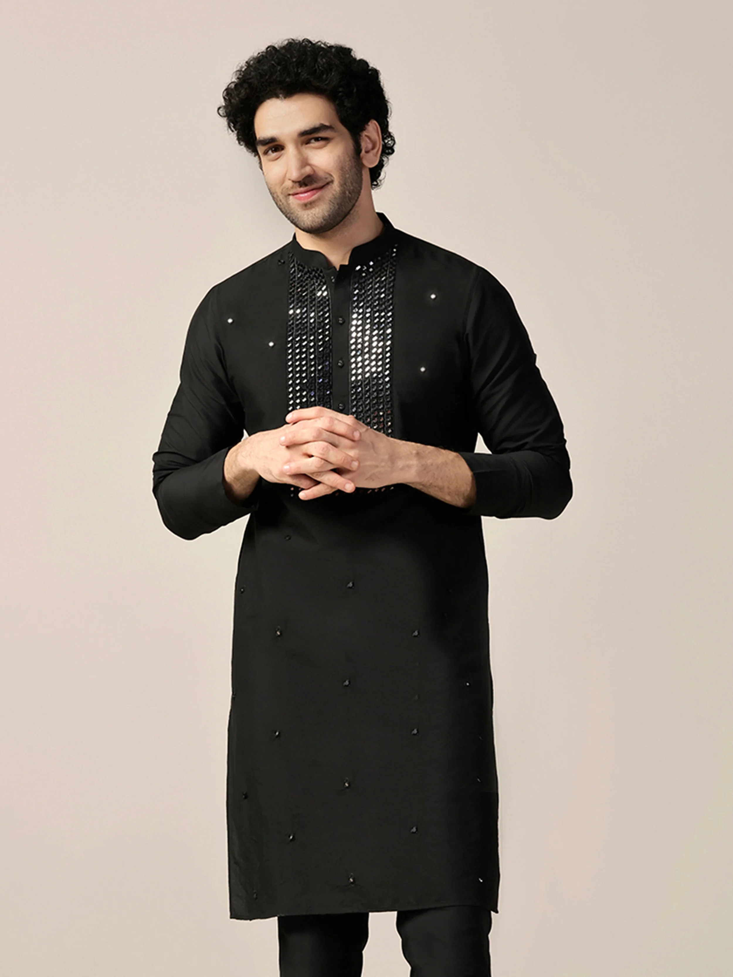 Black Cotton Blend Embroidered Long Kurta - Image 7