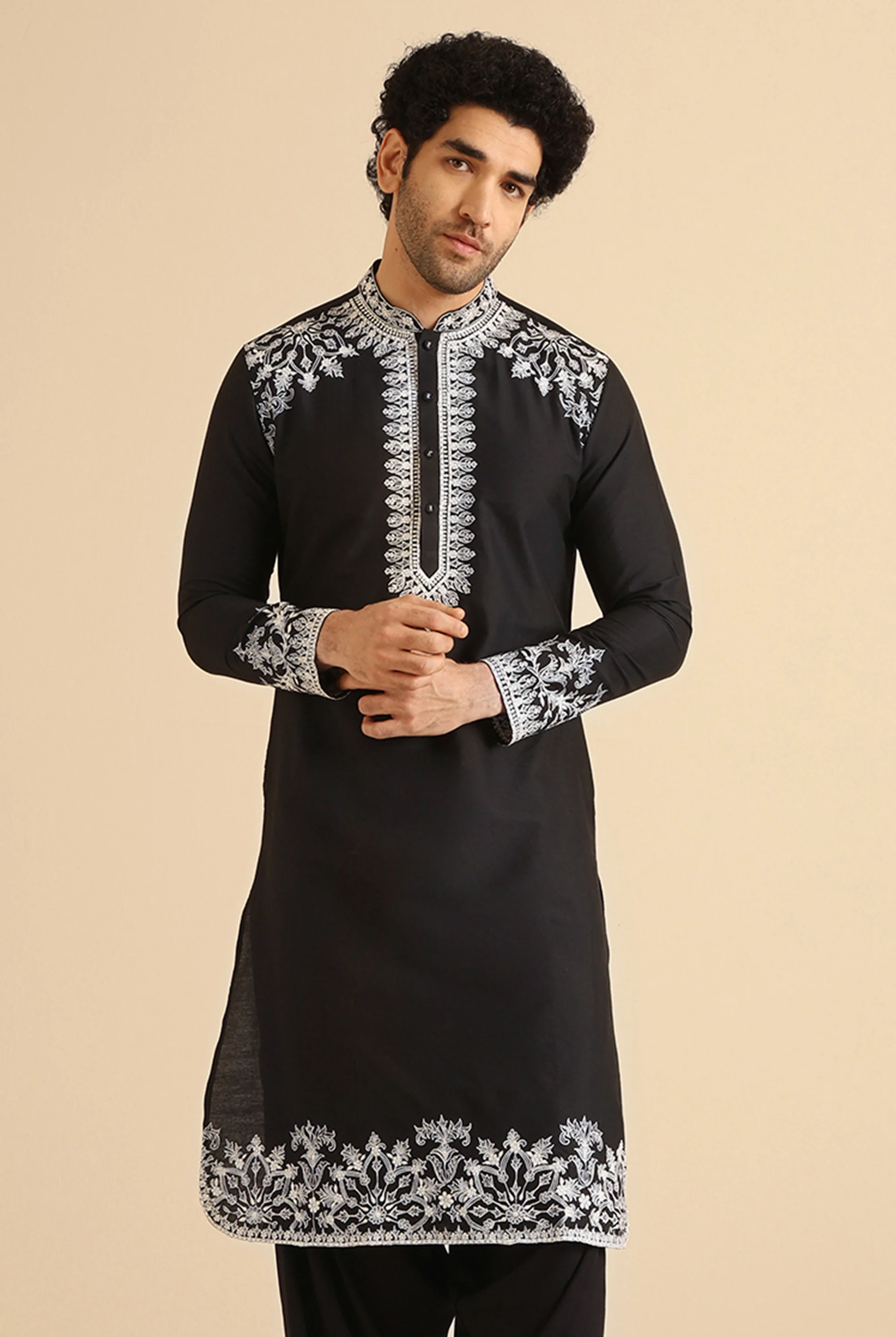 Black Cotton Blend Embroidered Long Kurta - Image 6
