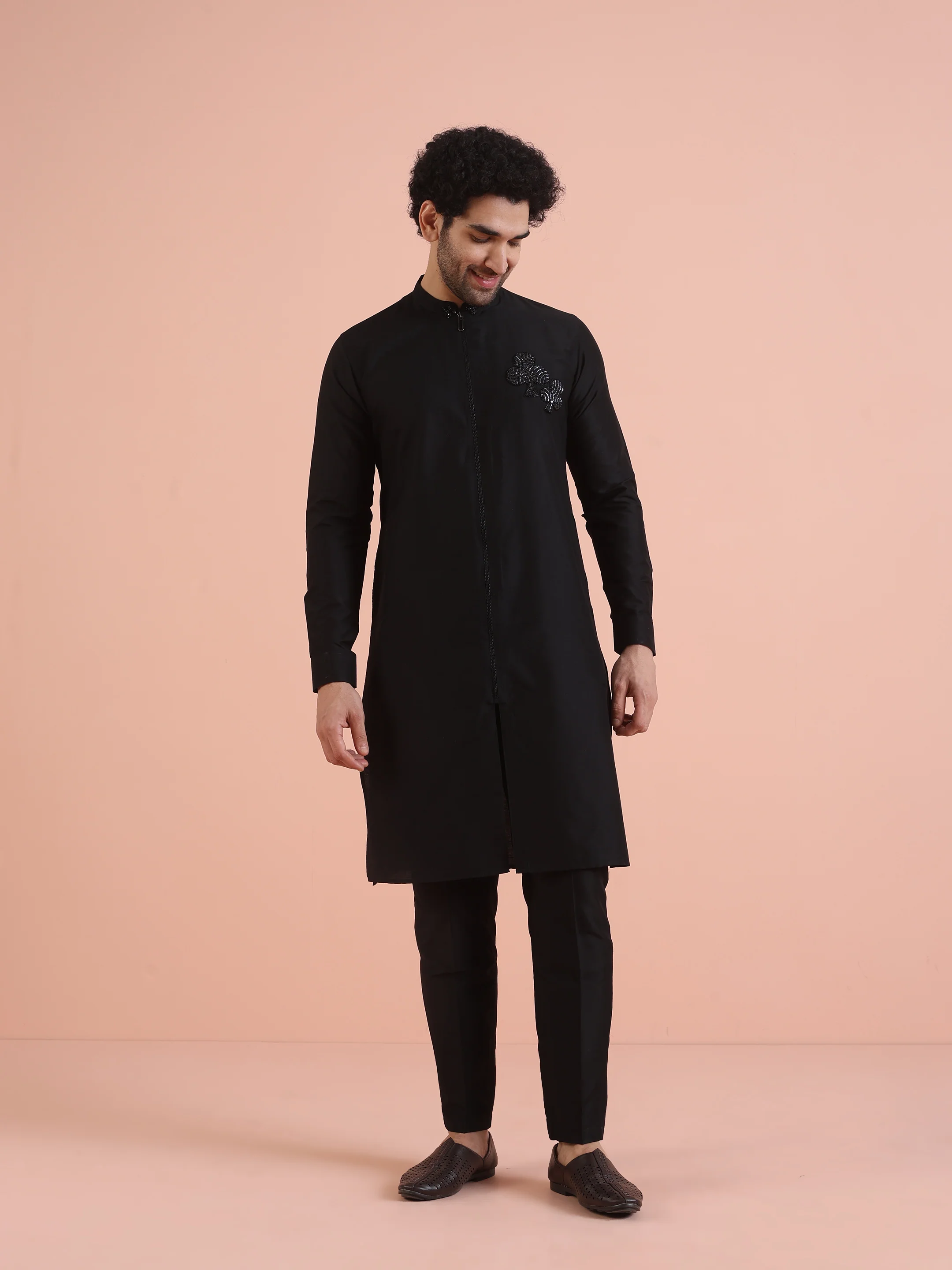 Black Cotton Blend Embroidered Long Kurta - Image 6