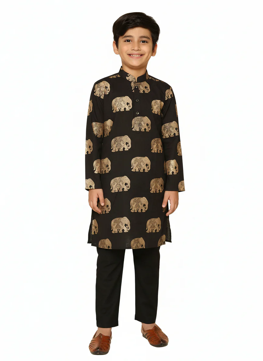 Black Cotton Blend Foil Print Kurta Pyjama Set - Image 7