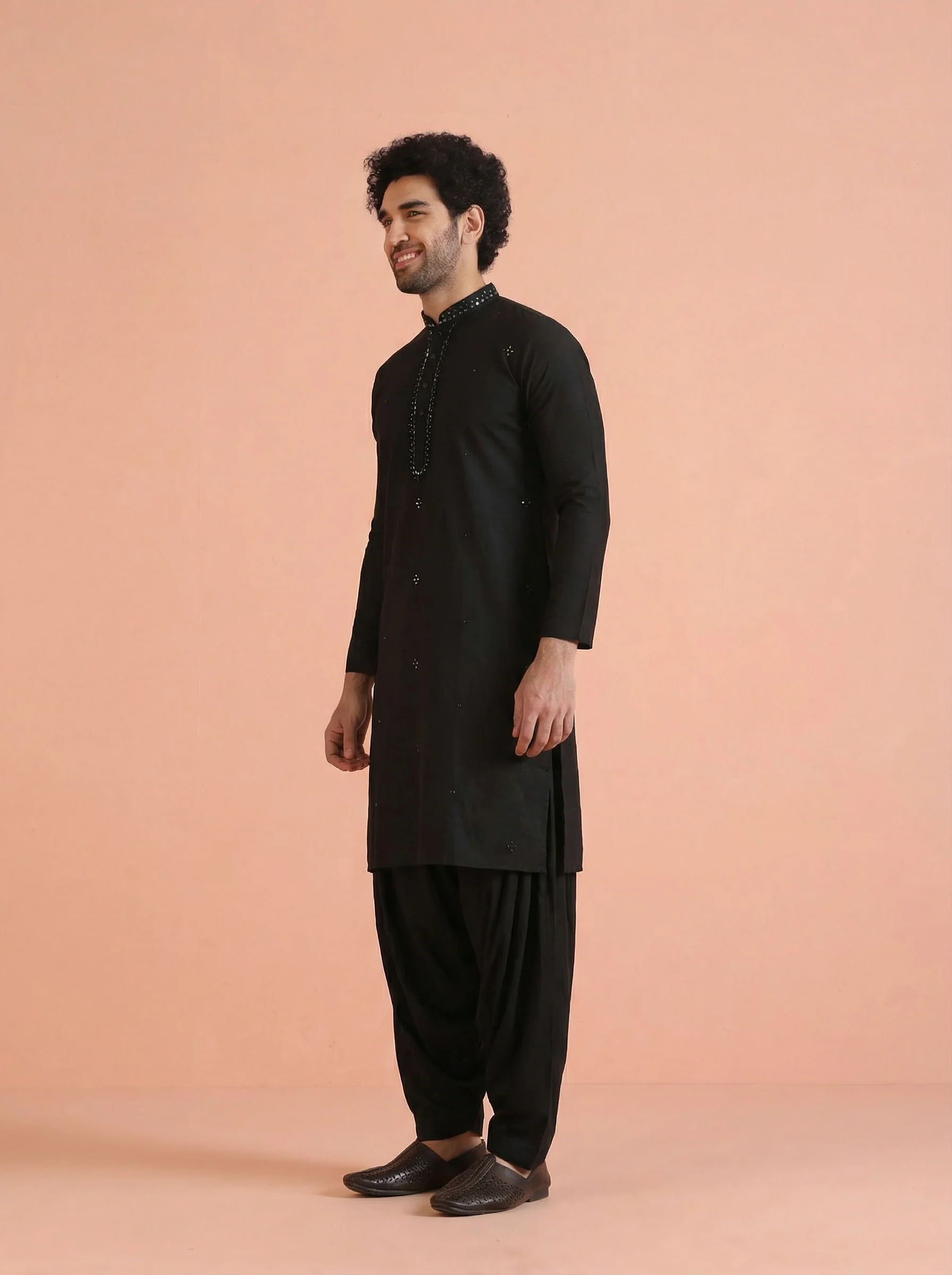 Black Cotton Blend Mirror Work Kurta Patiyala Set - Image 2