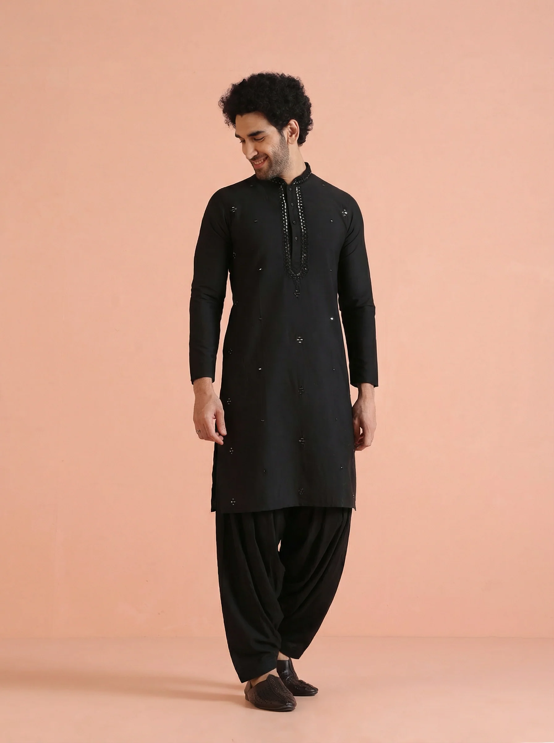 Black Cotton Blend Mirror Work Kurta Patiyala Set - Image 7