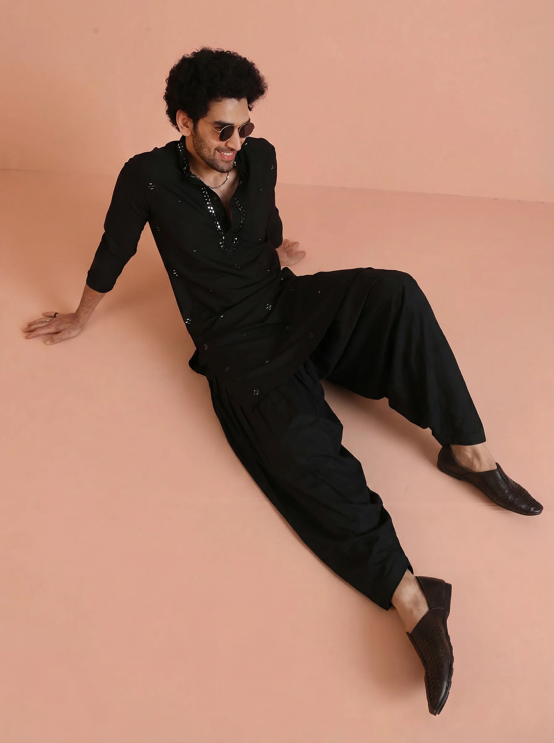 Black Cotton Blend Mirror Work Kurta Patiyala Set - Image 8