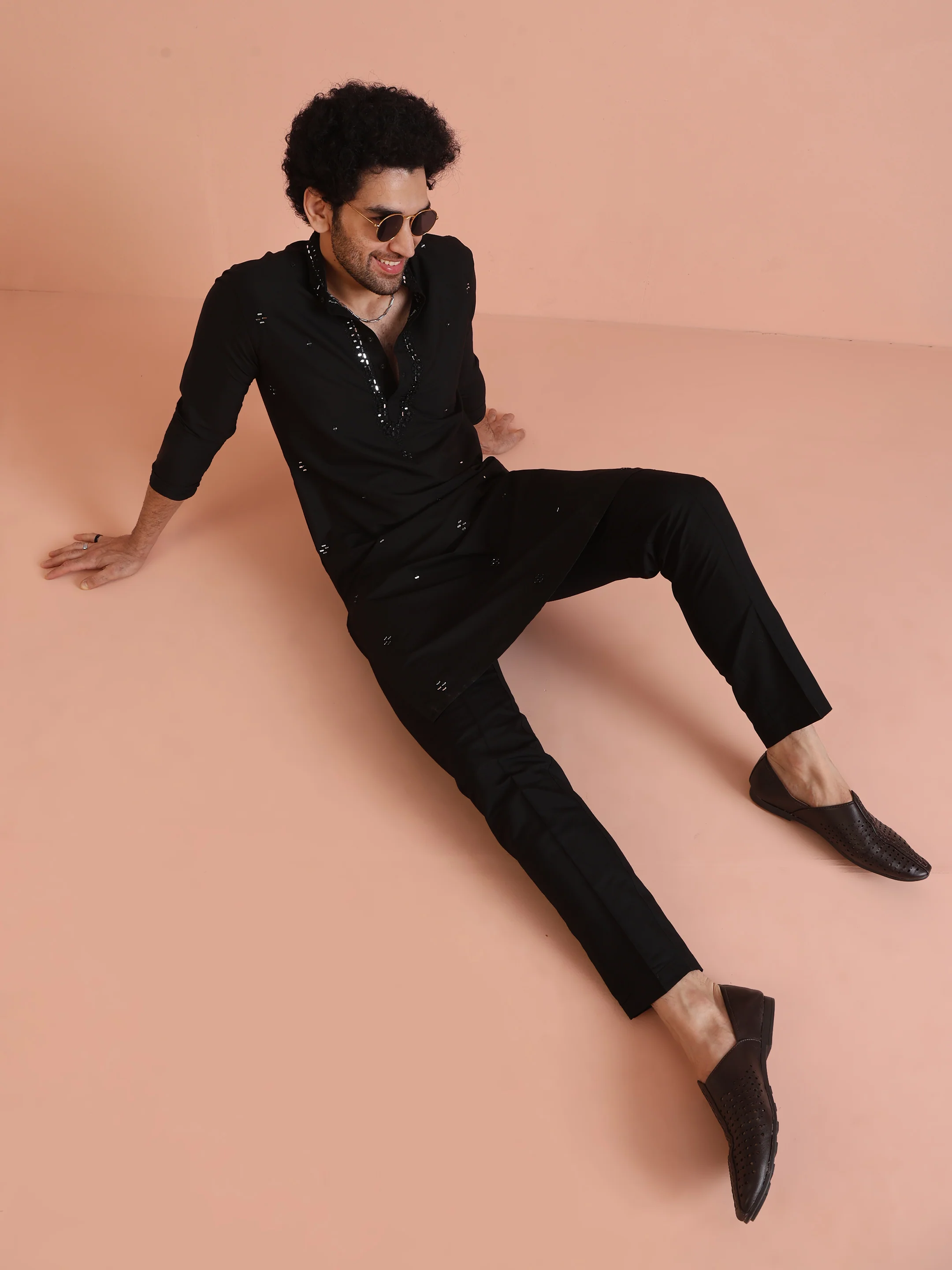 Black Cotton Blend Mirror Work Kurta Trouser Set - Image 8