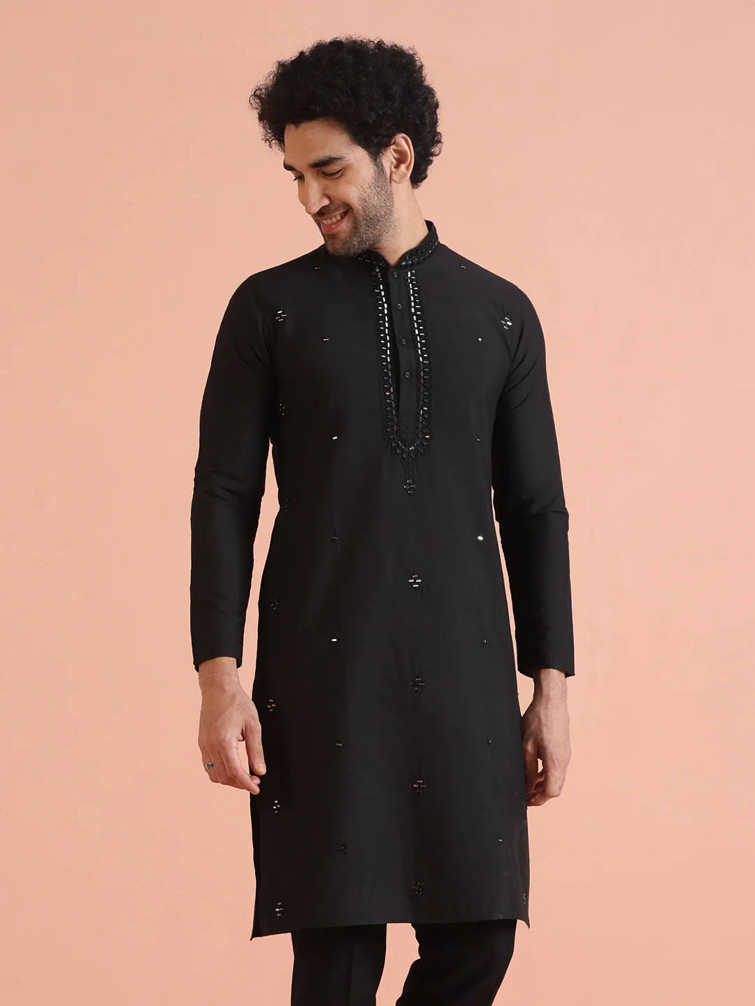 Black Cotton Blend Mirror Work Long Kurta - Image 7