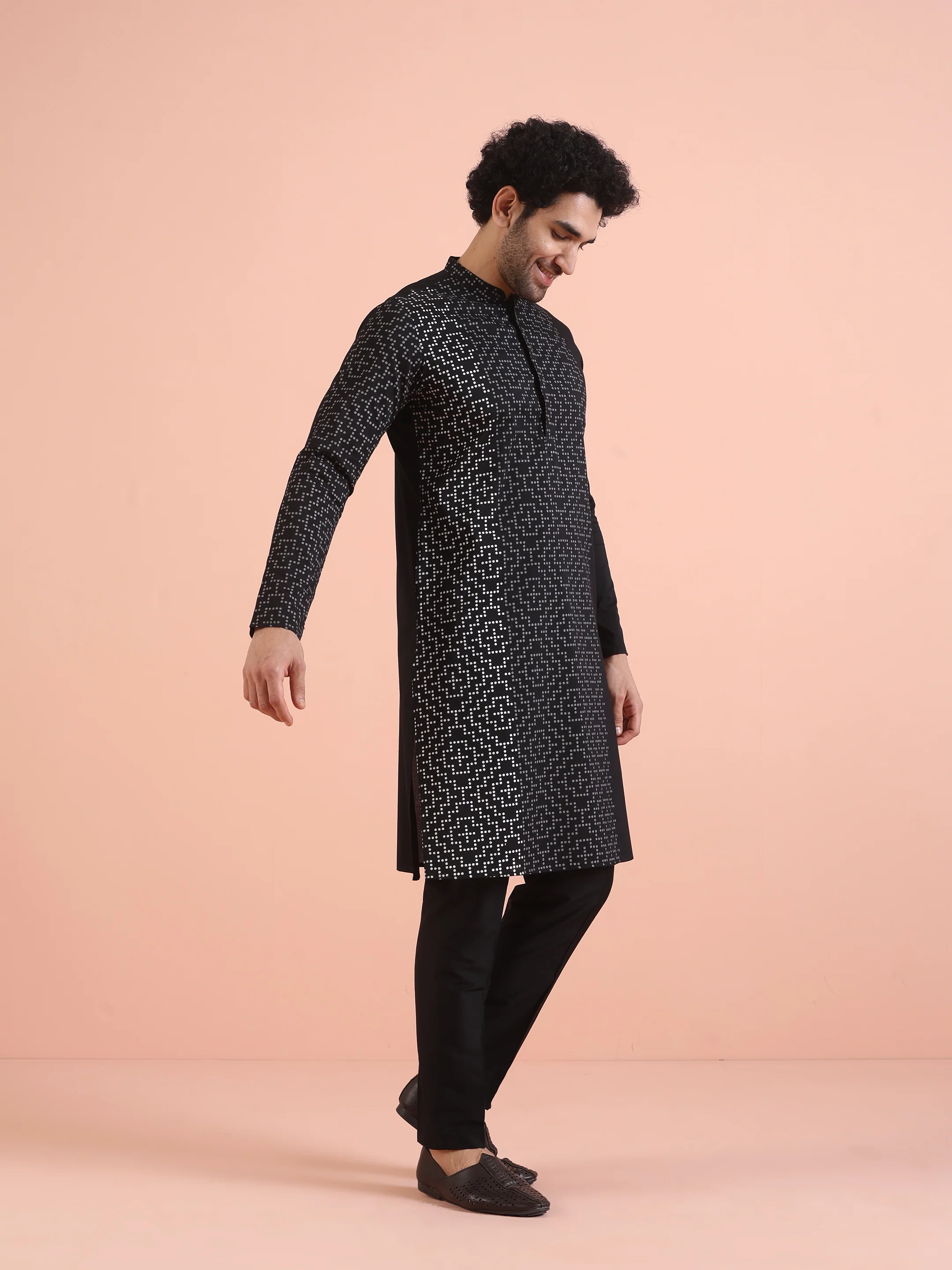 Black Cotton Blend Printed Kurta Trouser Set - Image 2