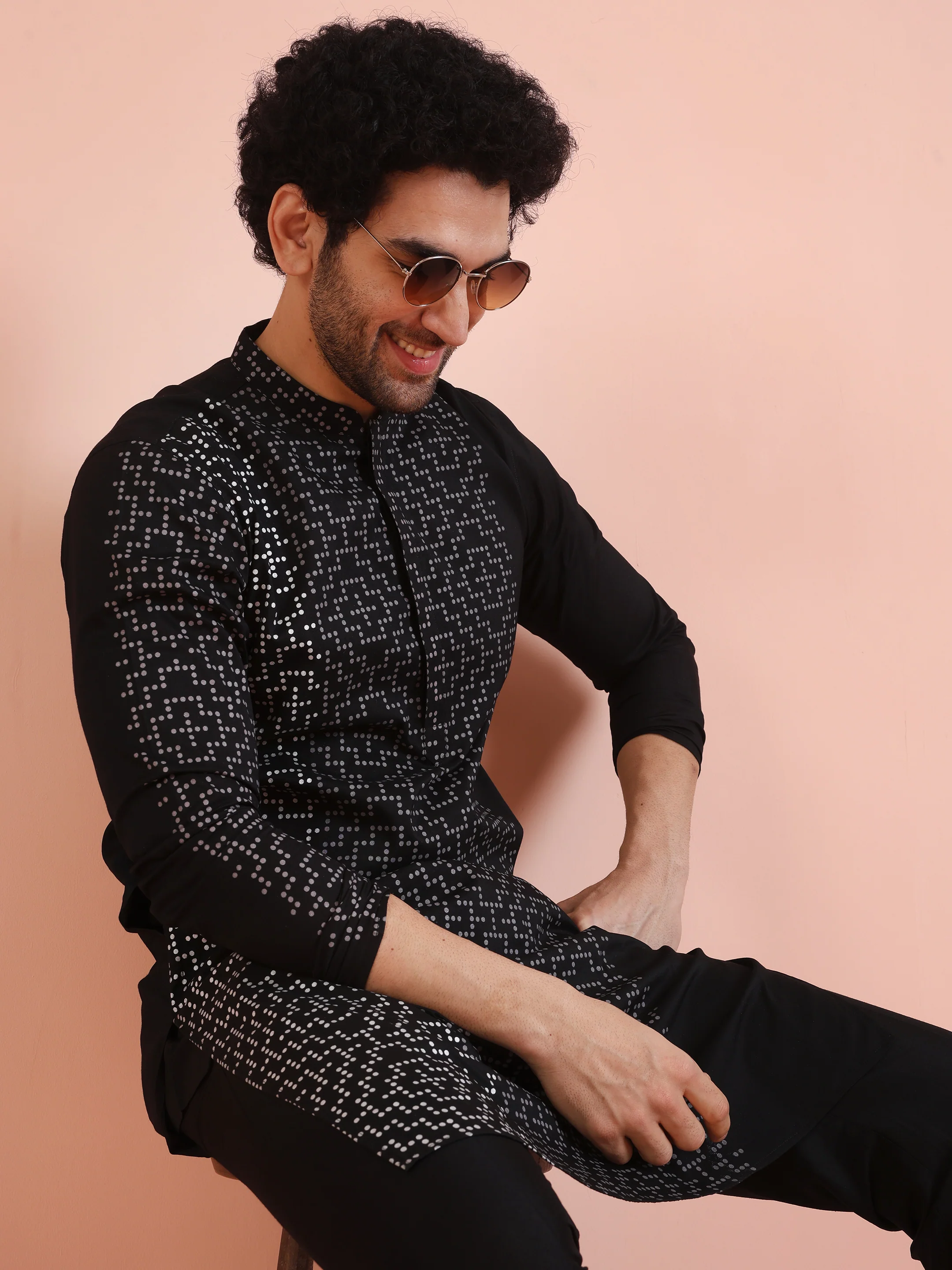 Black Cotton Blend Printed Kurta Trouser Set - Image 7
