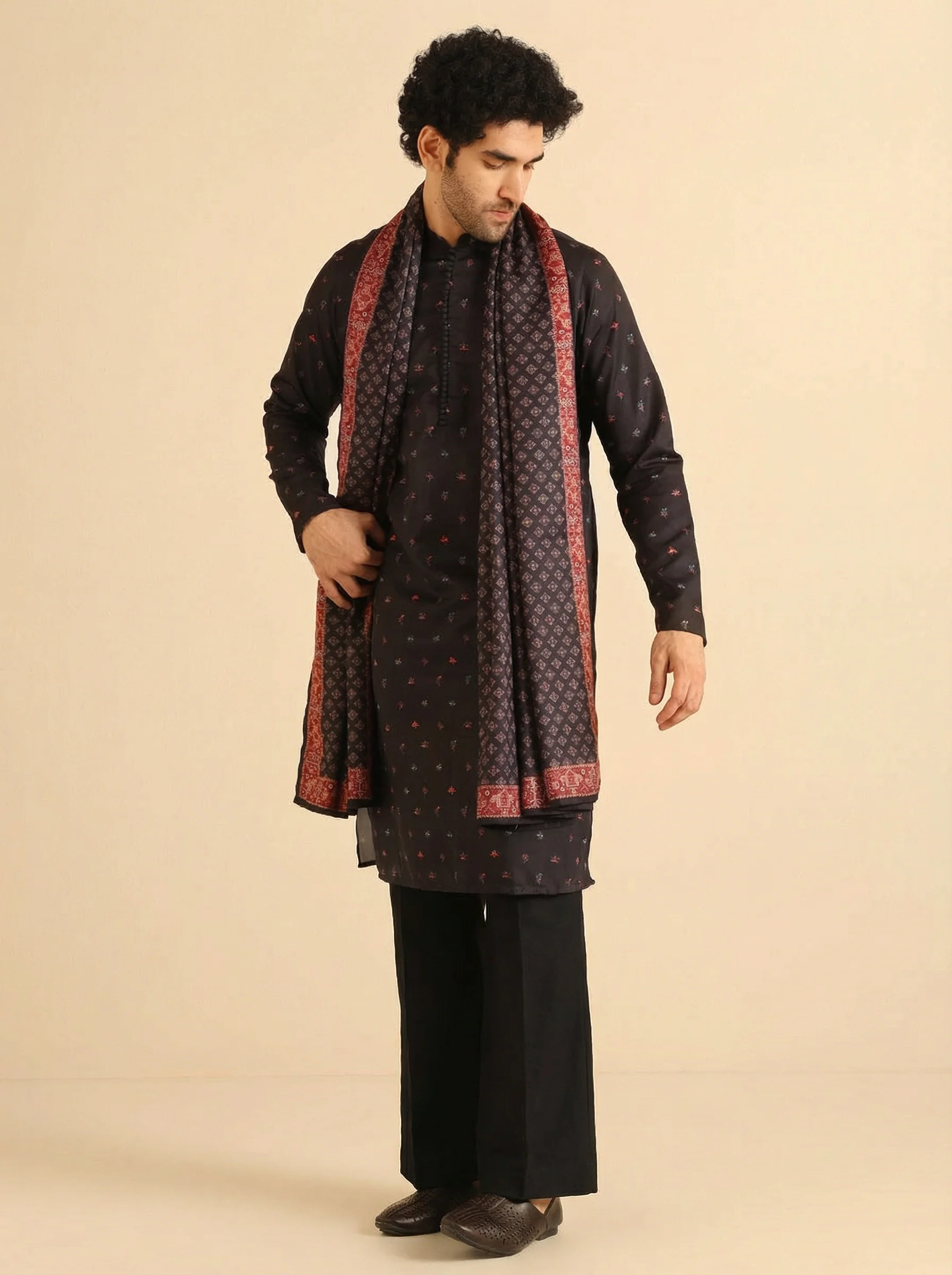 Black Cotton Blend Printed Kurta Wide Leg Trouser Set With Dupatta - Image 2