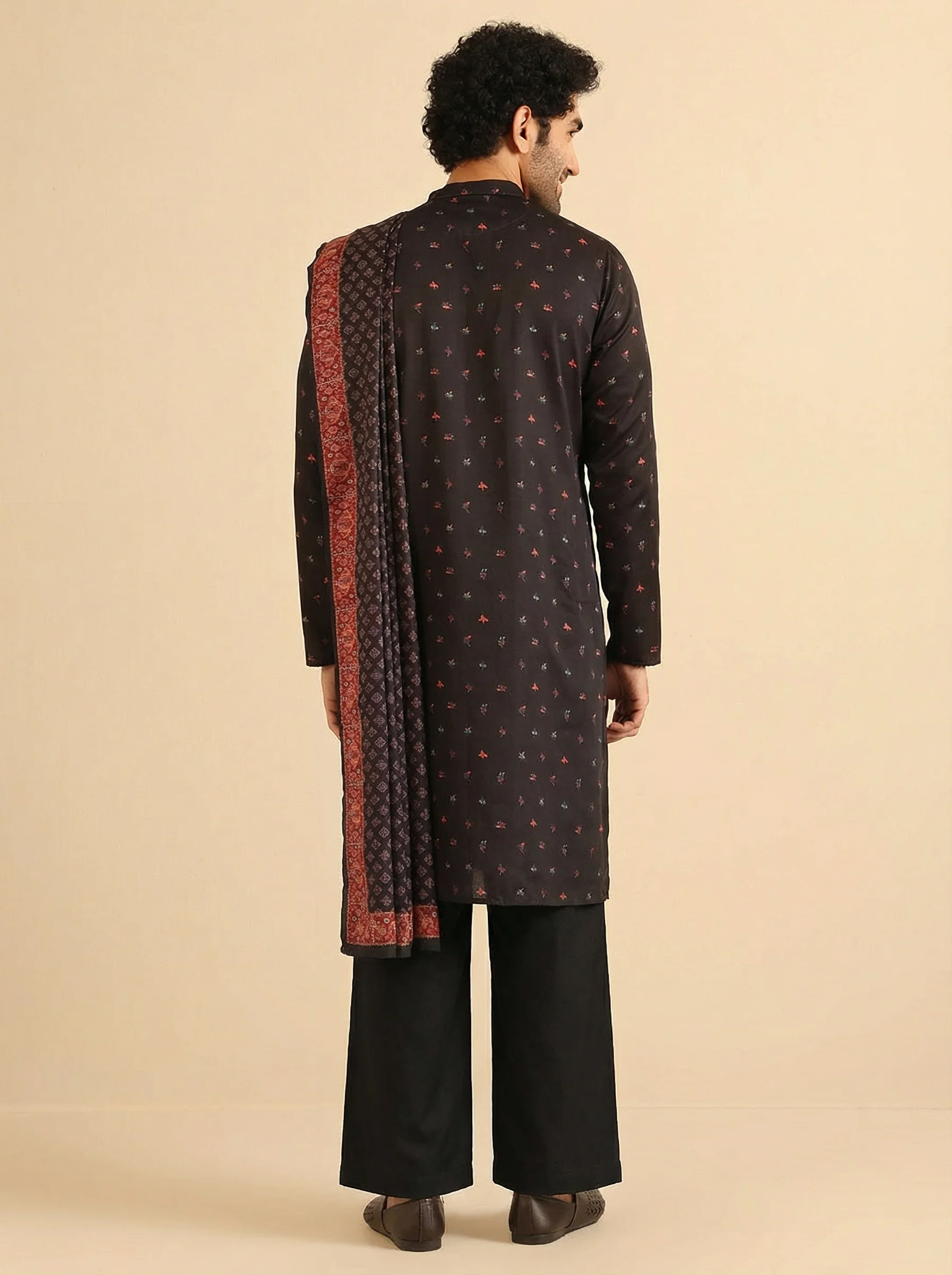 Black Cotton Blend Printed Kurta Wide Leg Trouser Set With Dupatta - Image 3