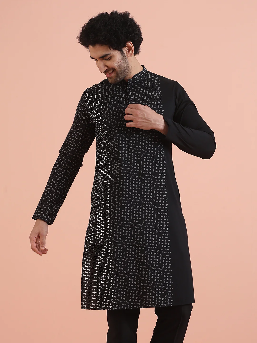 Black Cotton Blend Printed Long Kurta - Image 8