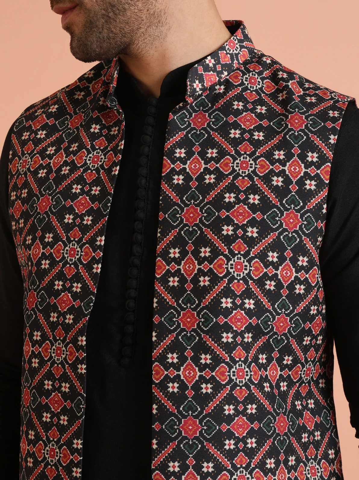 Black Cotton Blend Printed Mid Kurta Front Open Jacket Churidar Set - Image 4