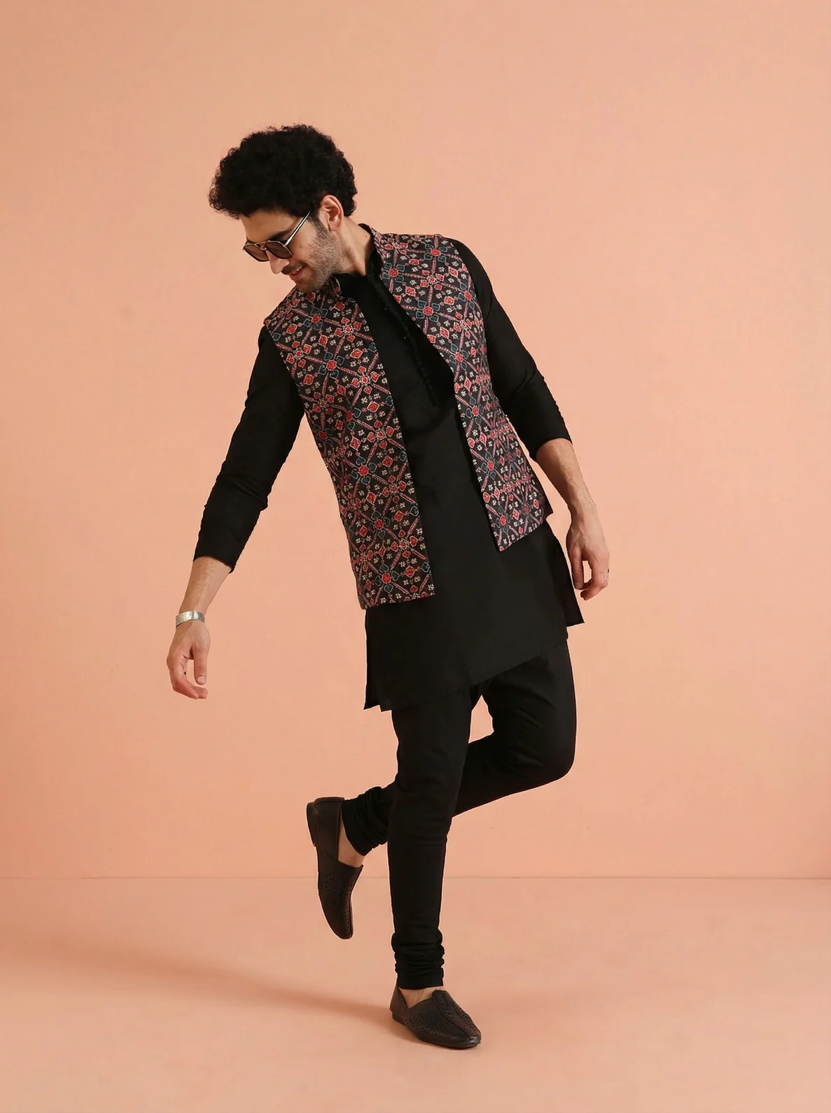Black Cotton Blend Printed Mid Kurta Front Open Jacket Churidar Set - Image 7