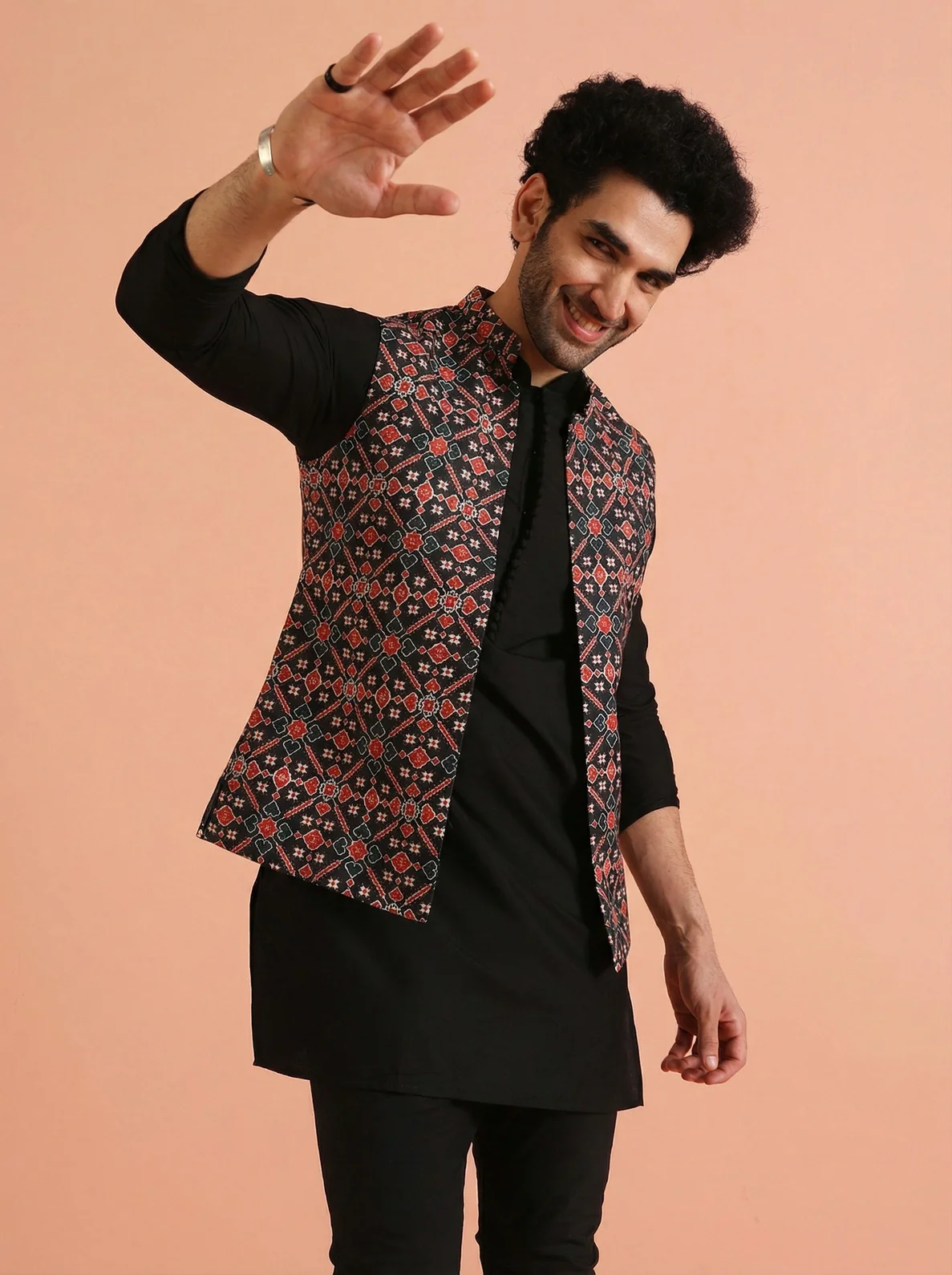Black Cotton Blend Printed Mid Kurta Front Open Jacket Churidar Set - Image 8