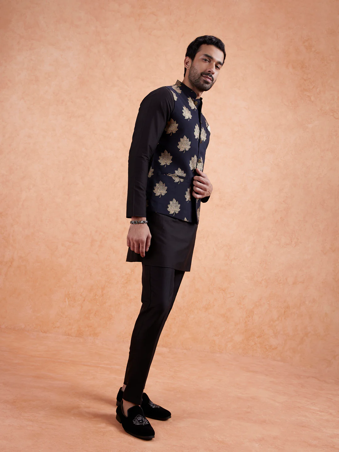 Black Silk Blend Golden Leaf Jacket Kurta Set - Image 2
