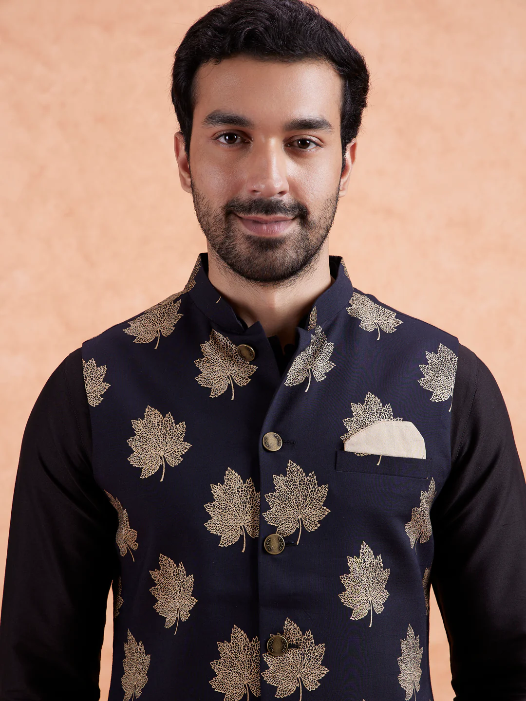 Black Silk Blend Golden Leaf Jacket Kurta Set - Image 6