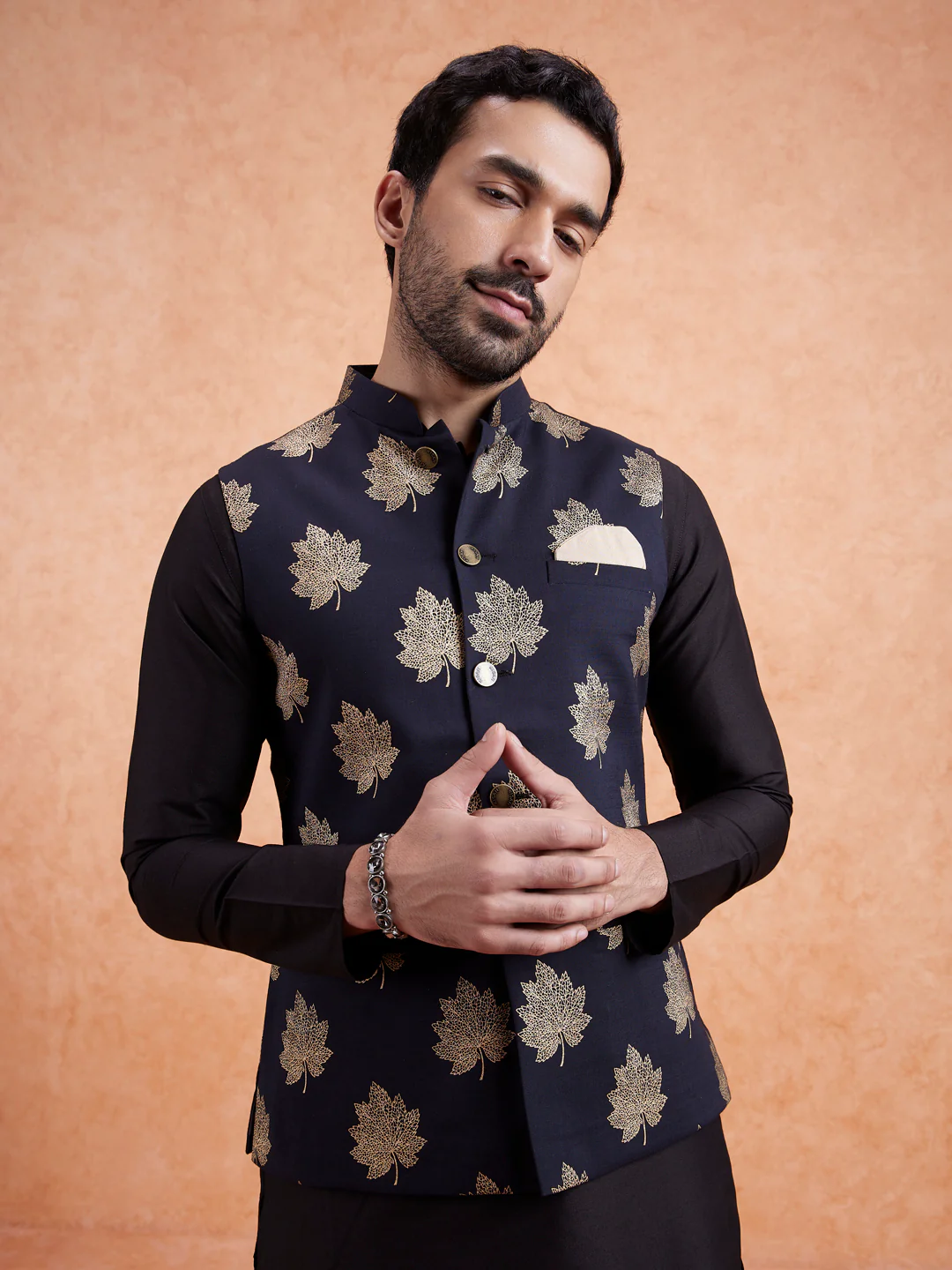 Black Silk Blend Golden Leaf Jacket Kurta Set - Image 7