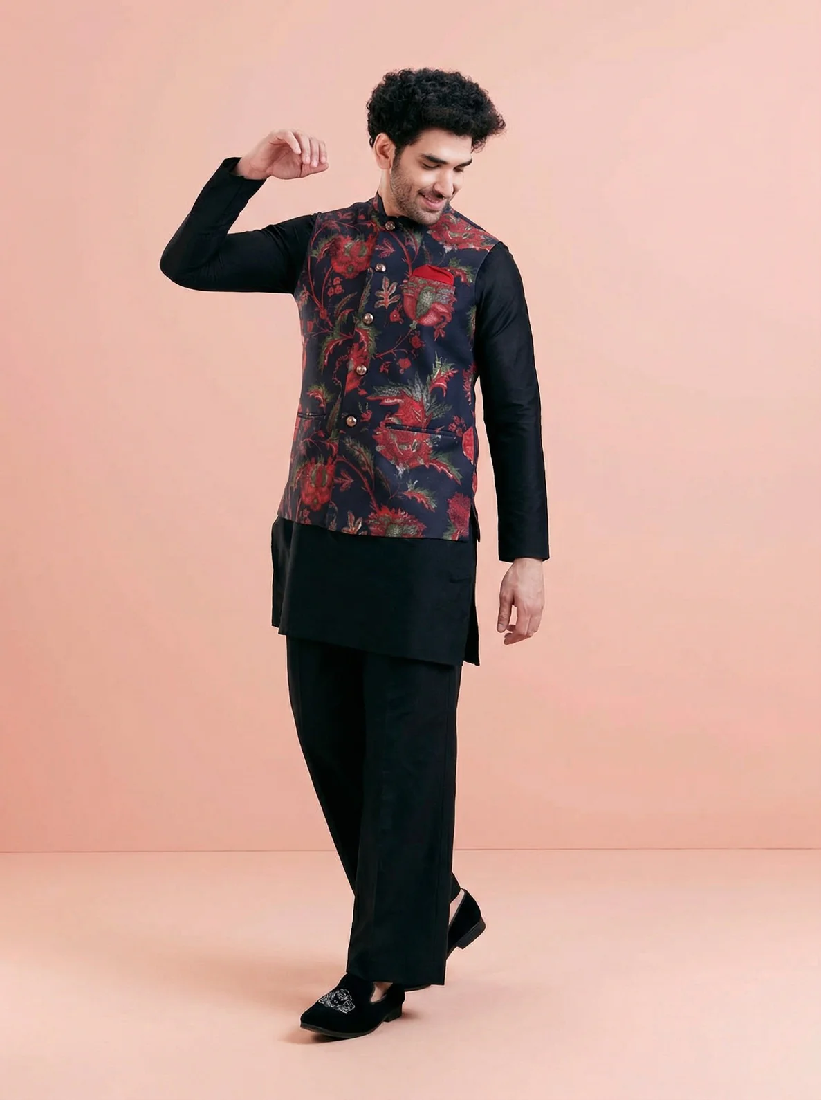 Black Cotton Blend Printed Mid Kurta Jacket Wide Leg Trouser Set