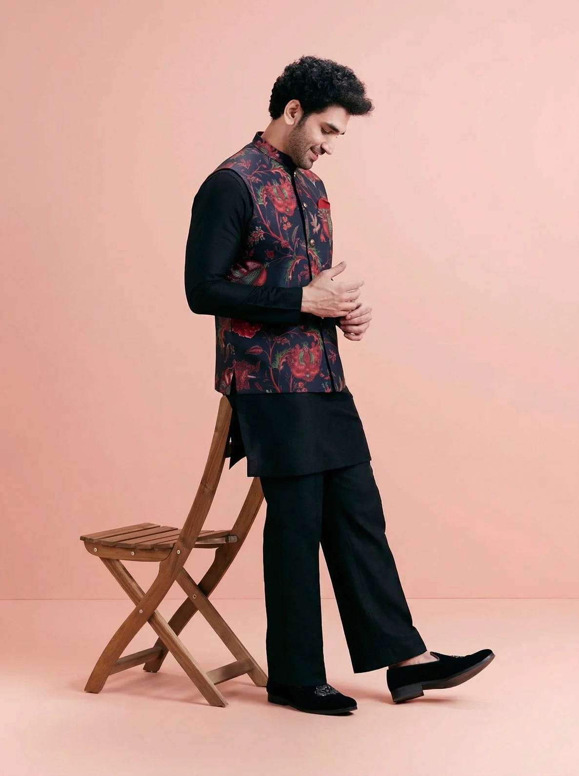 Black Cotton Blend Printed Mid Kurta Jacket Wide Leg Trouser Set - Image 2